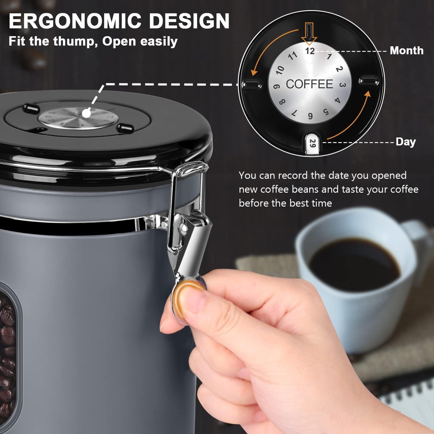 ROCKY&CHAO 2800ML Coffee Canister with Date Tracker&Transparent Window, 35OZ Coffee Container with 30ML Measure Spoon&4 co2 Valve, Coffee Bean Storage Container for Grounds Coffee, Beans, Tea(Gray)