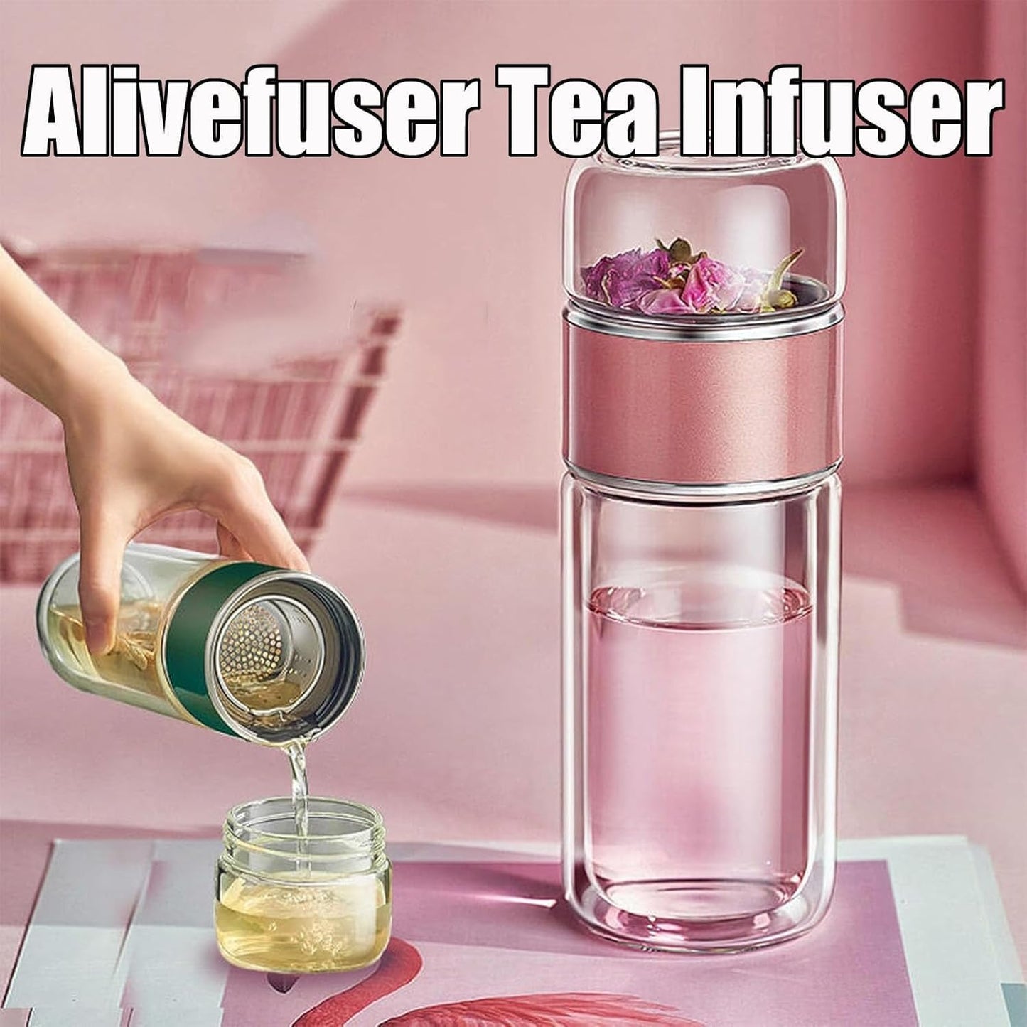 Tryteava Glass Infuser, Tryteava 3-in-1 Smart Tea Infuser, Portable Glass Double Wall Tea Infusers Bottle, with Stainless Steel Filter, Hot & Cold Brew, For Loose Leaf, Office Home (Silver, 420ml)