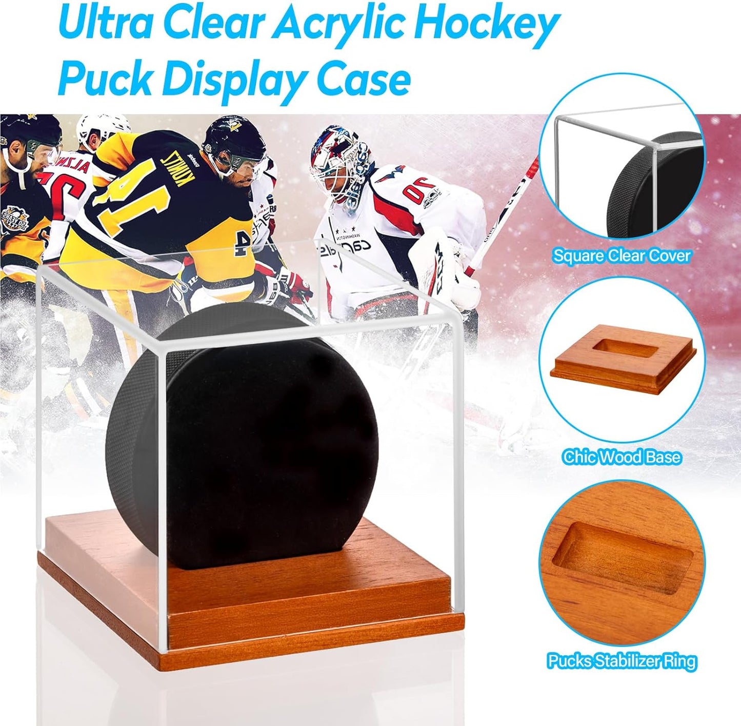 Hockey Puck Display Case, Pucks Display Cases with Wooden Base, Acrylic Clear Box - Hockey Memorabilia Storage Holder, for Enthusiasts & Collectors & Fans (2 Pack, Square)