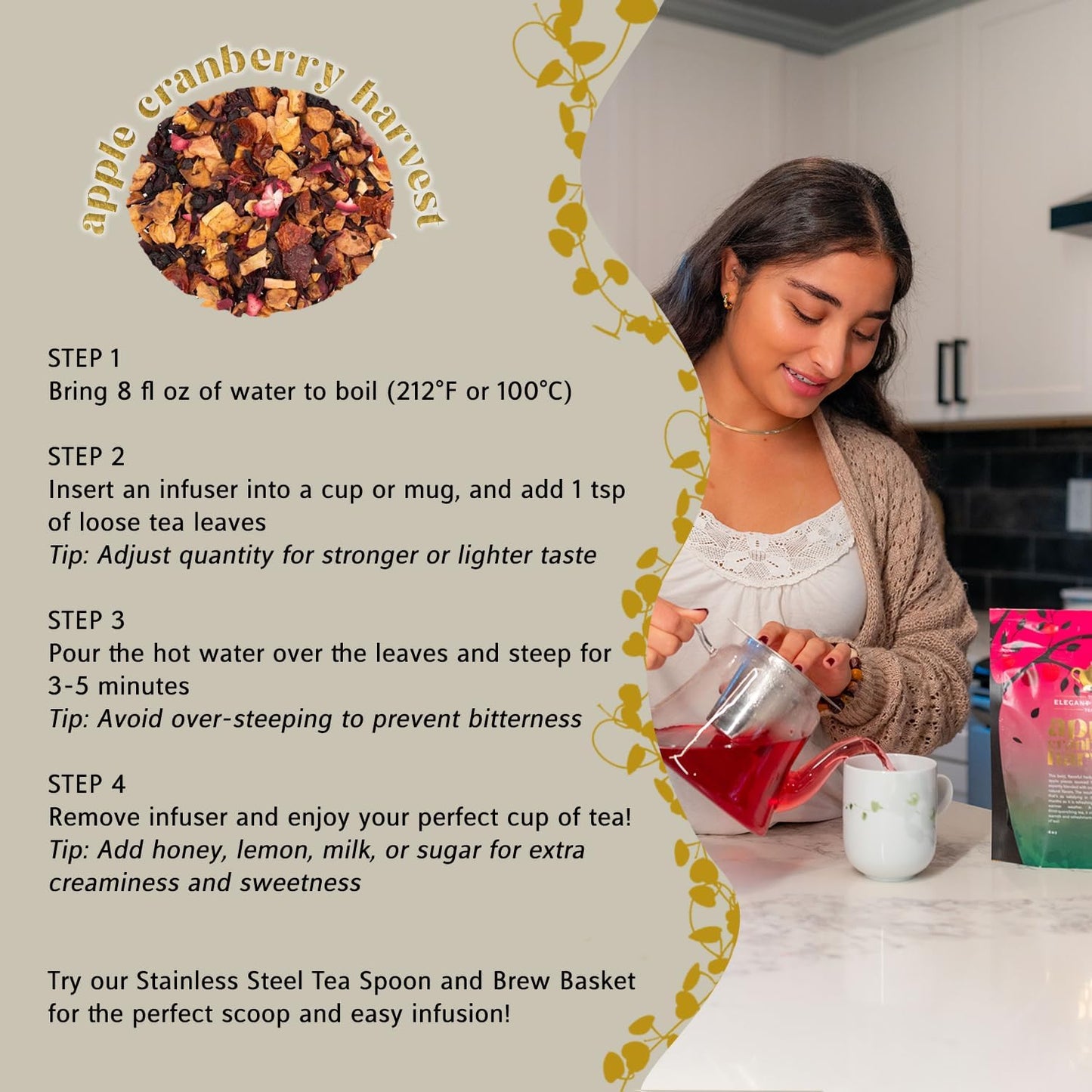 Apple Cranberry Harvest Tea, Organic Loose Leaf Herbal Tea – Real Fruit, Summer Juice, Caffeine-Free, Refreshing Sweet Iced Drink – 4 oz Resealable Bag (Makes 50 Cups)