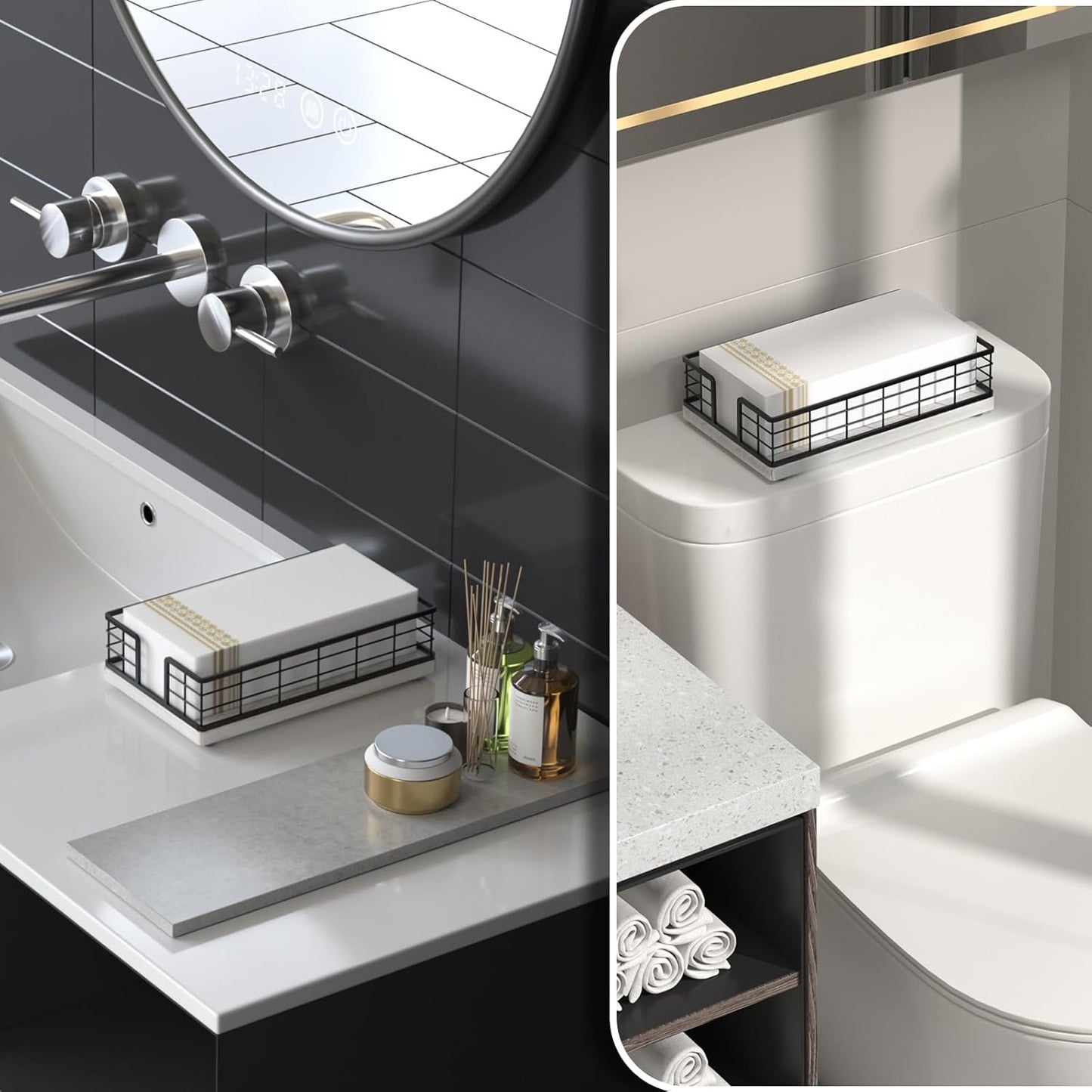 Wican Guest Towel Holder Tray for Bathroom, Oak and Iron Napkins Holder for Powder Room Dinning Table Wooden Basket for Disposable Paper Hand Towels Black and Farmhouse White