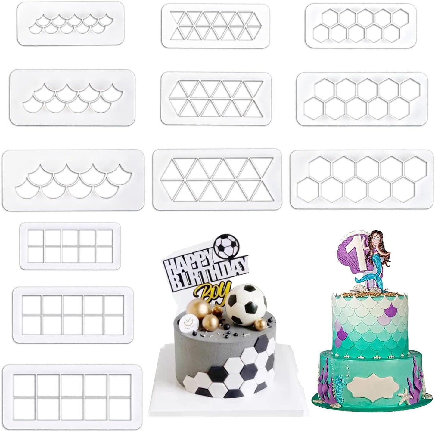 12 Pcs Cake Fondant Cutter, Fish Scale Fondant Cutters 4 Size Geometric Biscuit Cutters Cake Decorating Cookie Cutter Cake Border Decorating Tool for Square & Hexagon Cookie Cutters