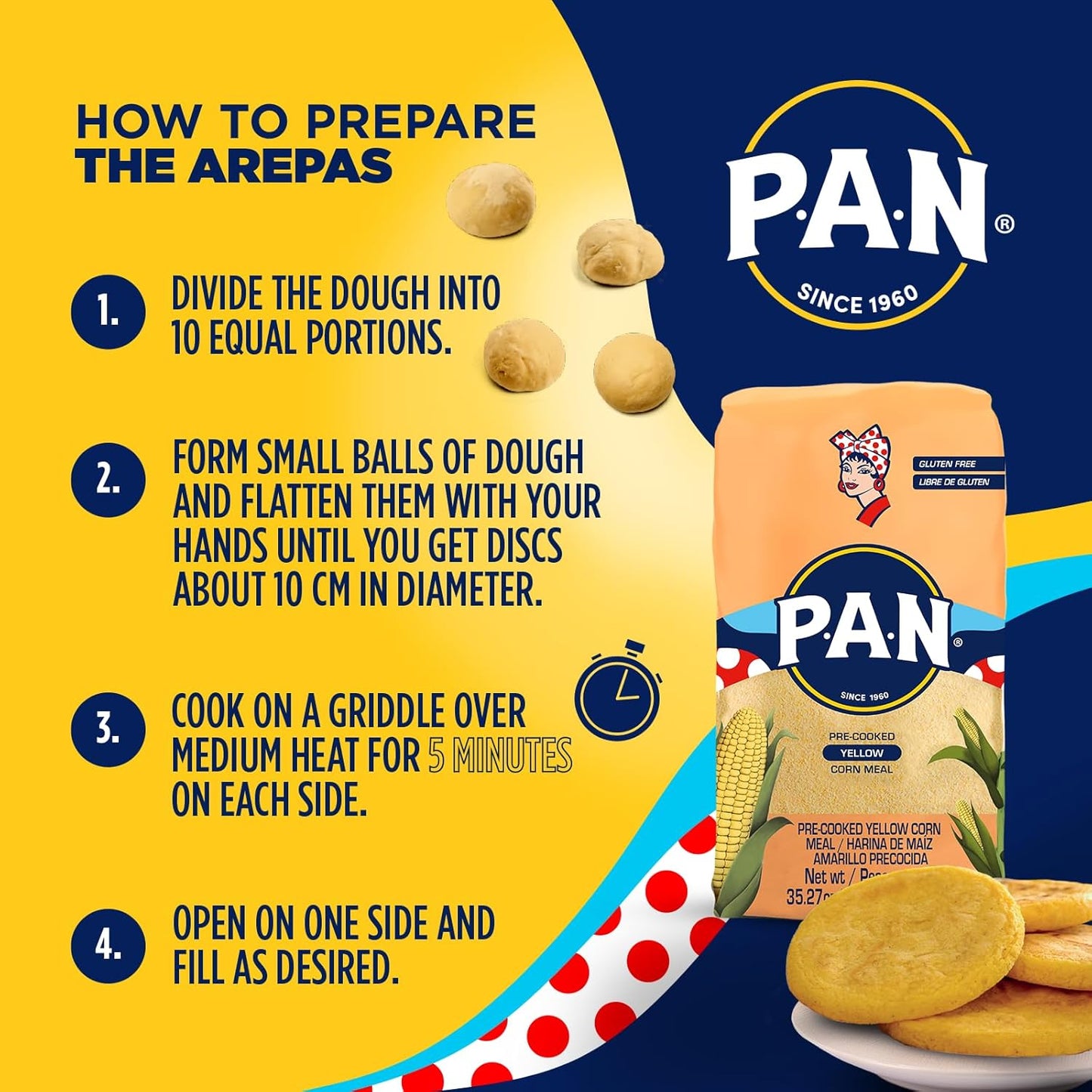 P.A.N. Yellow Corn Meal – Pre-cooked Gluten Free and Kosher Flour for Arepas (2.2 lb / Pack of 10)