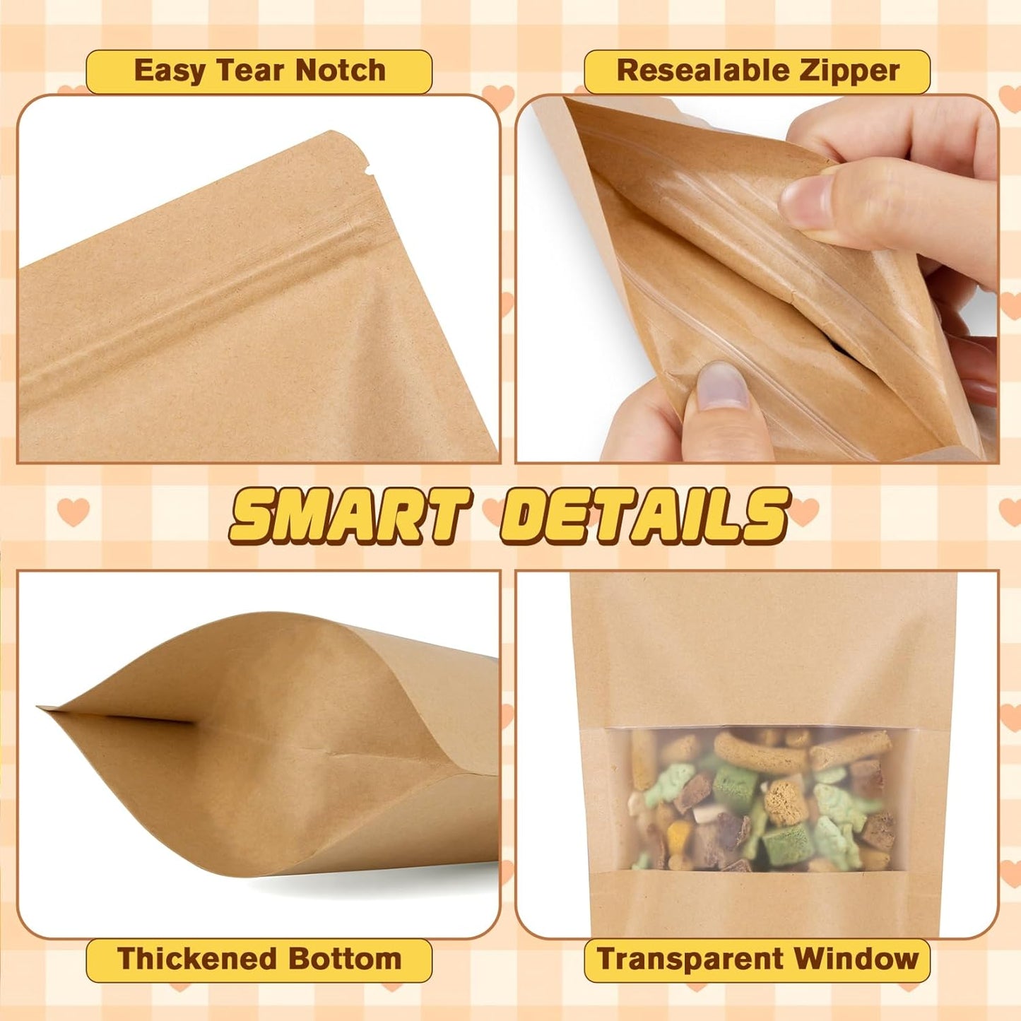 Resealable Smell Proof Bag, 50 Pcs Zip Lock Bags with Window, Reusable Snack Bags, Stand Up Pouches Heat Sealable, Food Storage Baggies for Cookies, Herbs, Tea, Coffee, Spice, Jerky