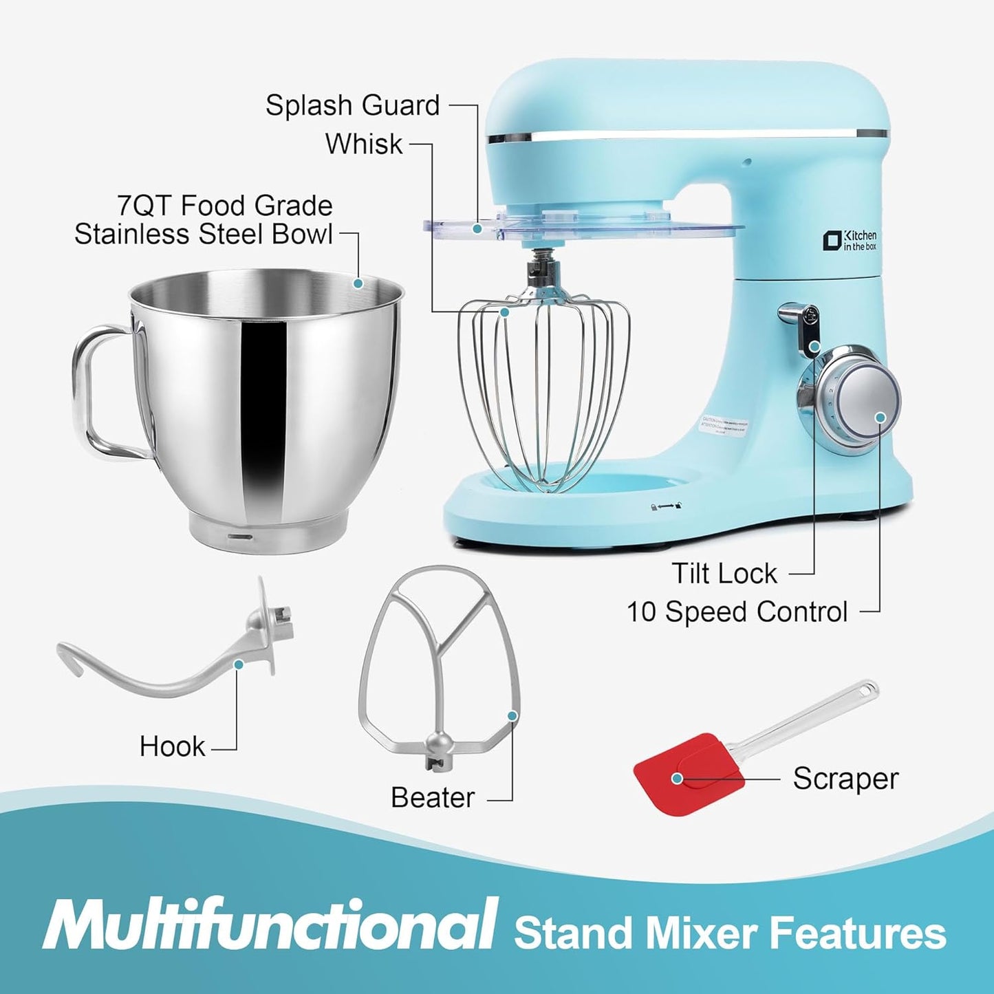 Kitchen in the box 7QT 900W 10-Speed Stand Mixer, Tilt-Head Kitchen Electric Mixer with Dough Hook, Whisk & Flat Beater(Blue)