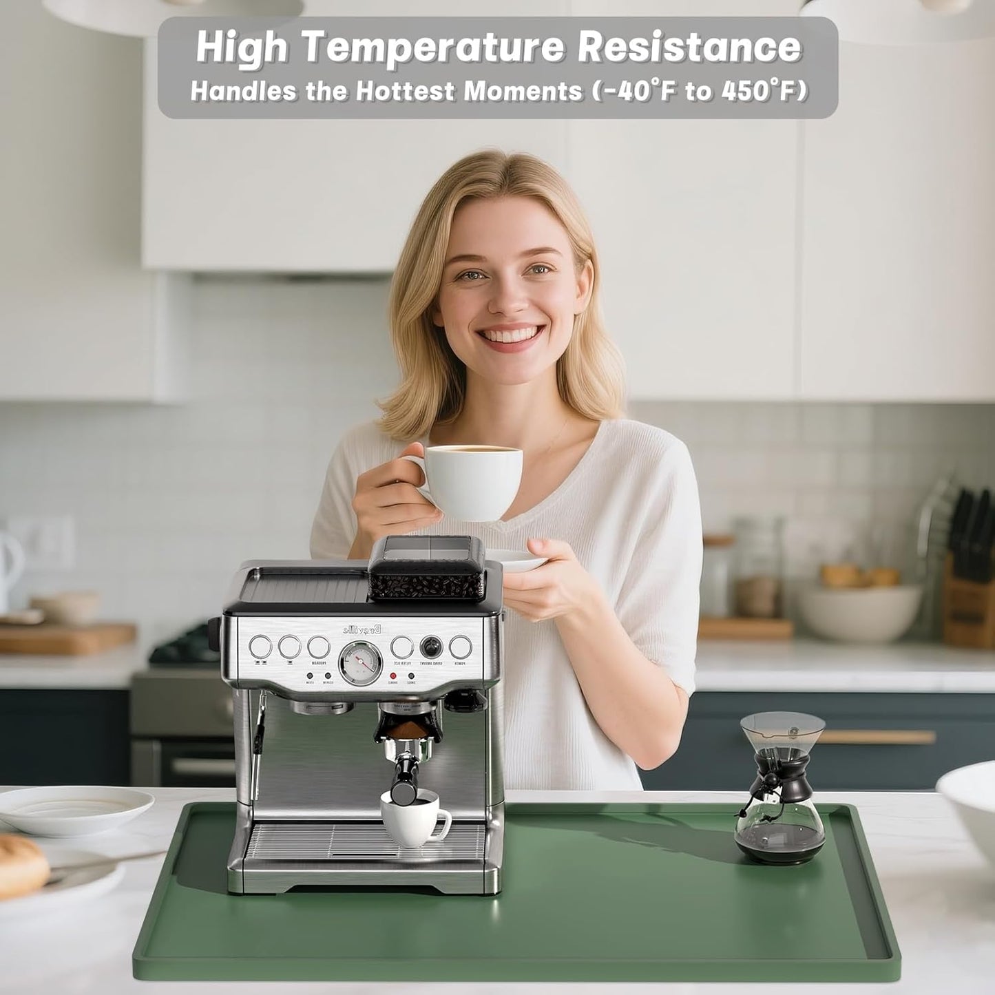 Rnivvi Silicone Coffee Mat, 16" x 24" Waterproof Raised Edge Coffee Bar Mats for Espresso Machine Station Accessories, Heat Resistant Dish Drying Pad for Kitchen Counter, Rubber Bar Decor Pad, Green