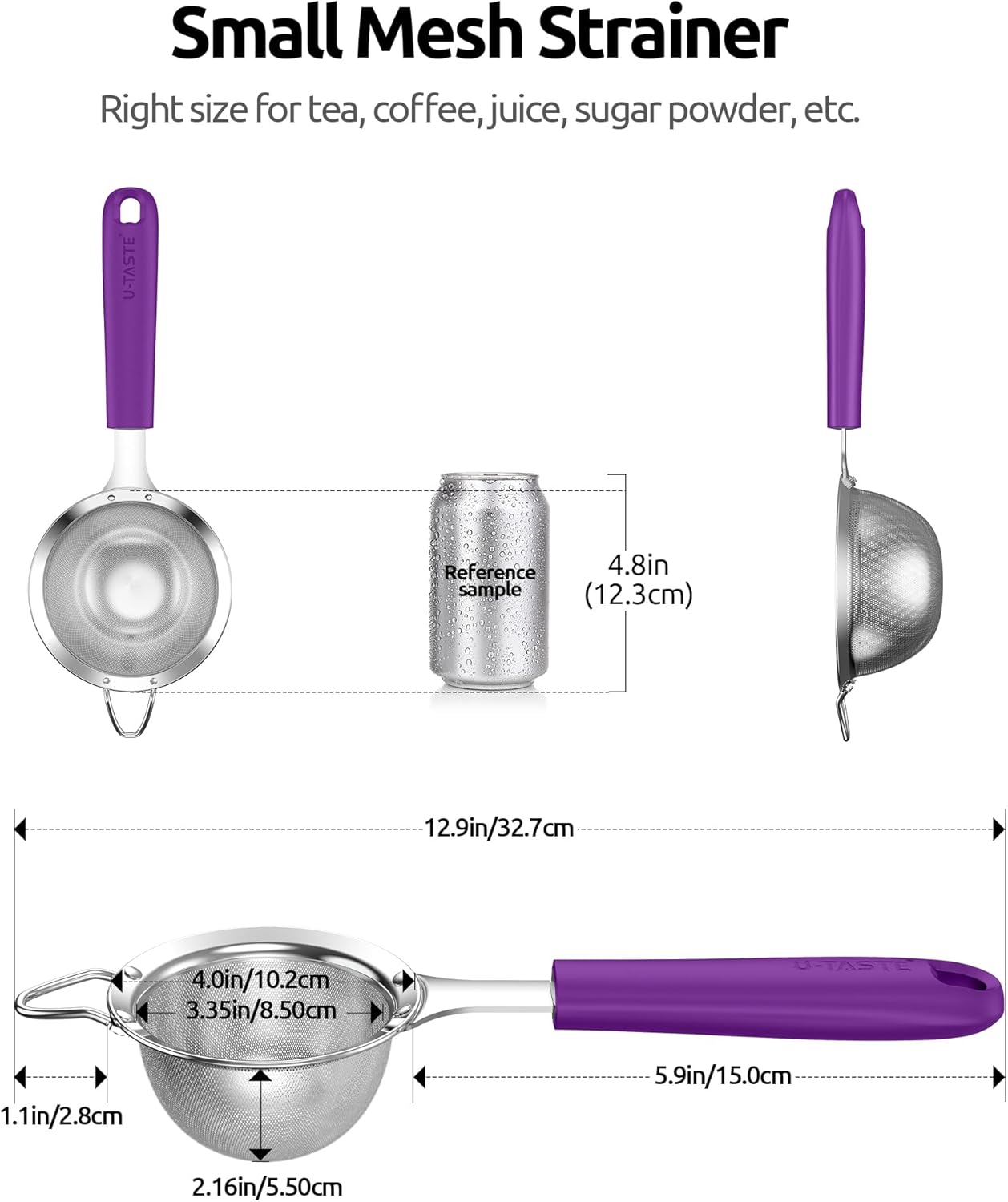 U-Taste Small Fine Mesh Strainer: 18/8 Stainless Steel 3.35in 30 Mesh Kitchen Food Sieve with Sturdy Riveted Silicone Handle, Heavy Duty Deep Handheld Metal Colander for Tea, Juice (Purple)