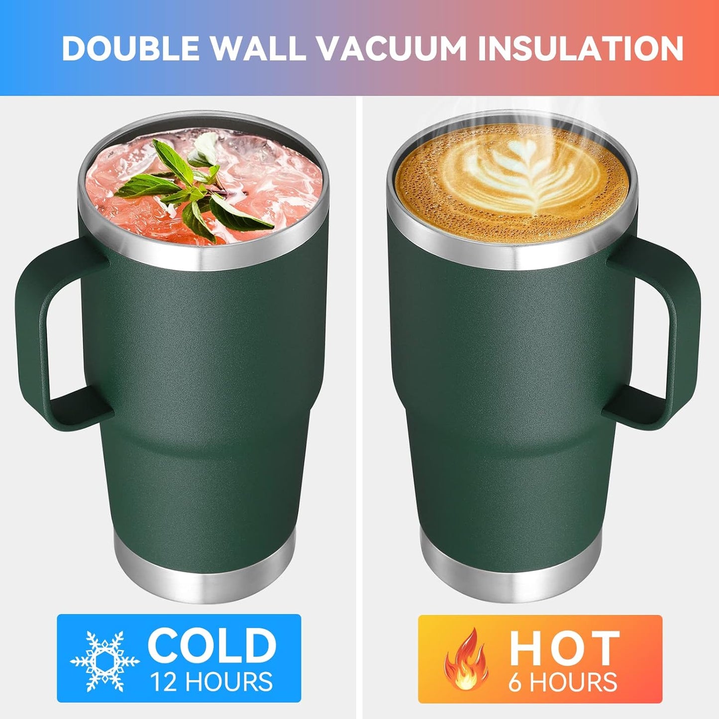 VEGOND 20 oz Tumbler Bulk with Handle Lid and Straw, Stainless Steel Insulated Travel Coffee Mug Set, Spill Proof Double Wall Metal Tumblers Cups, Dark Green 6 Pack
