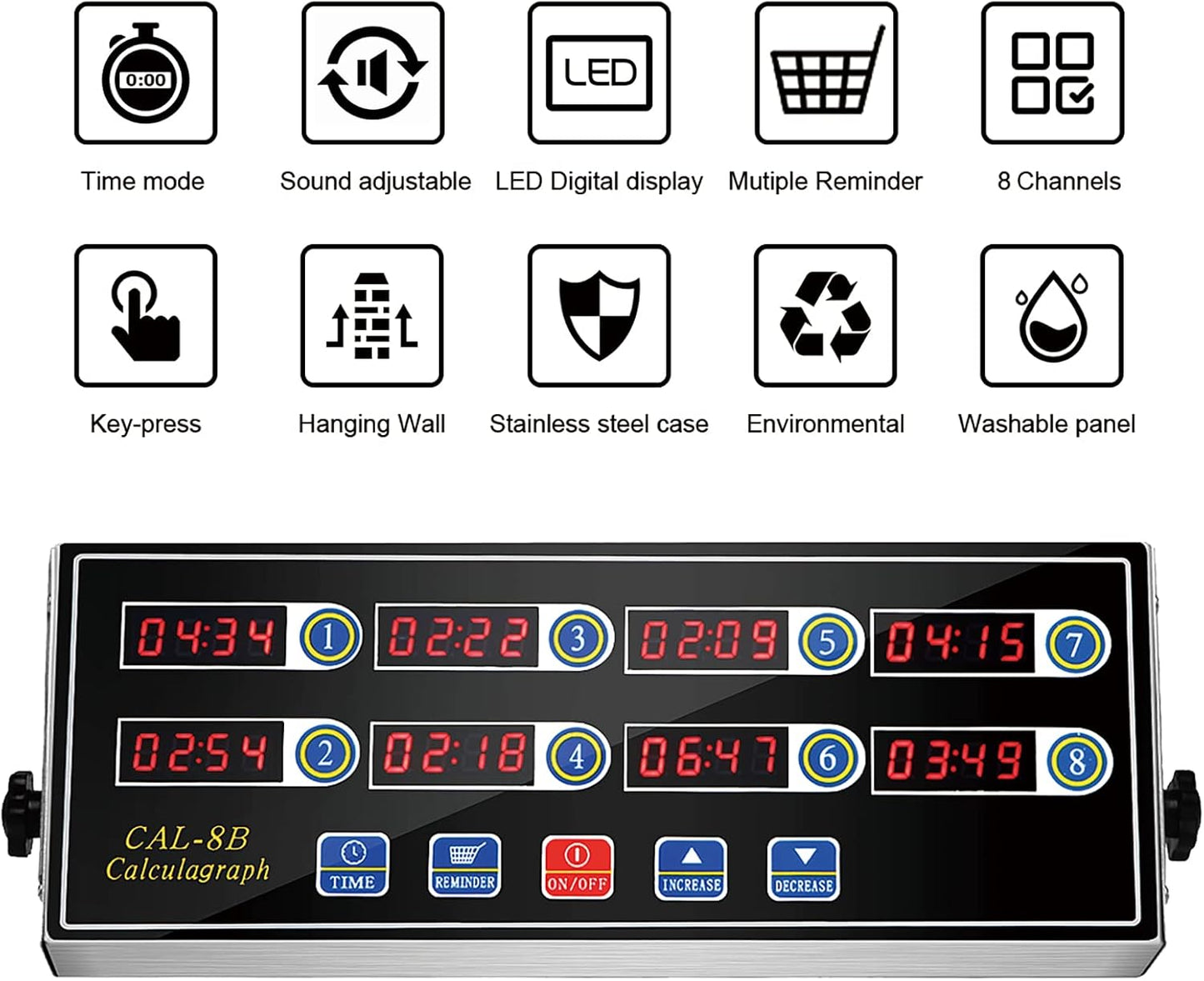 Kitchen Timers for Cooking, 8 Channel, Commercial Grade, Stainless Steel, LED Digital, Loud Alarm,