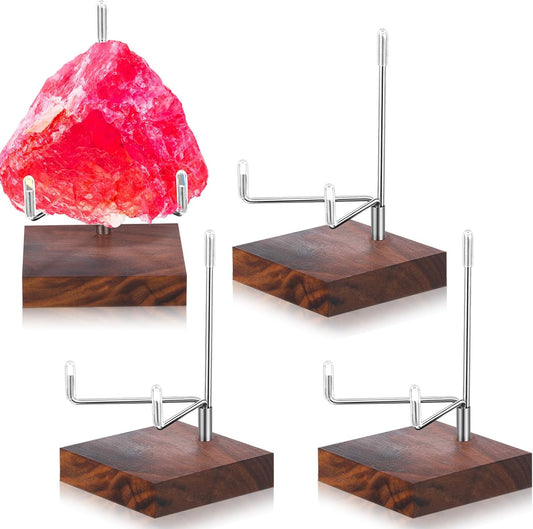 Wenqik 4 Pcs Crystal Display Stand Adjustable Metal Arms Small Rock Display Stand with Wooden Base Geodes Rock Agate Mineral Easel Holder for Collectibles(3.15 x 3.15 x 4.65 Inch)