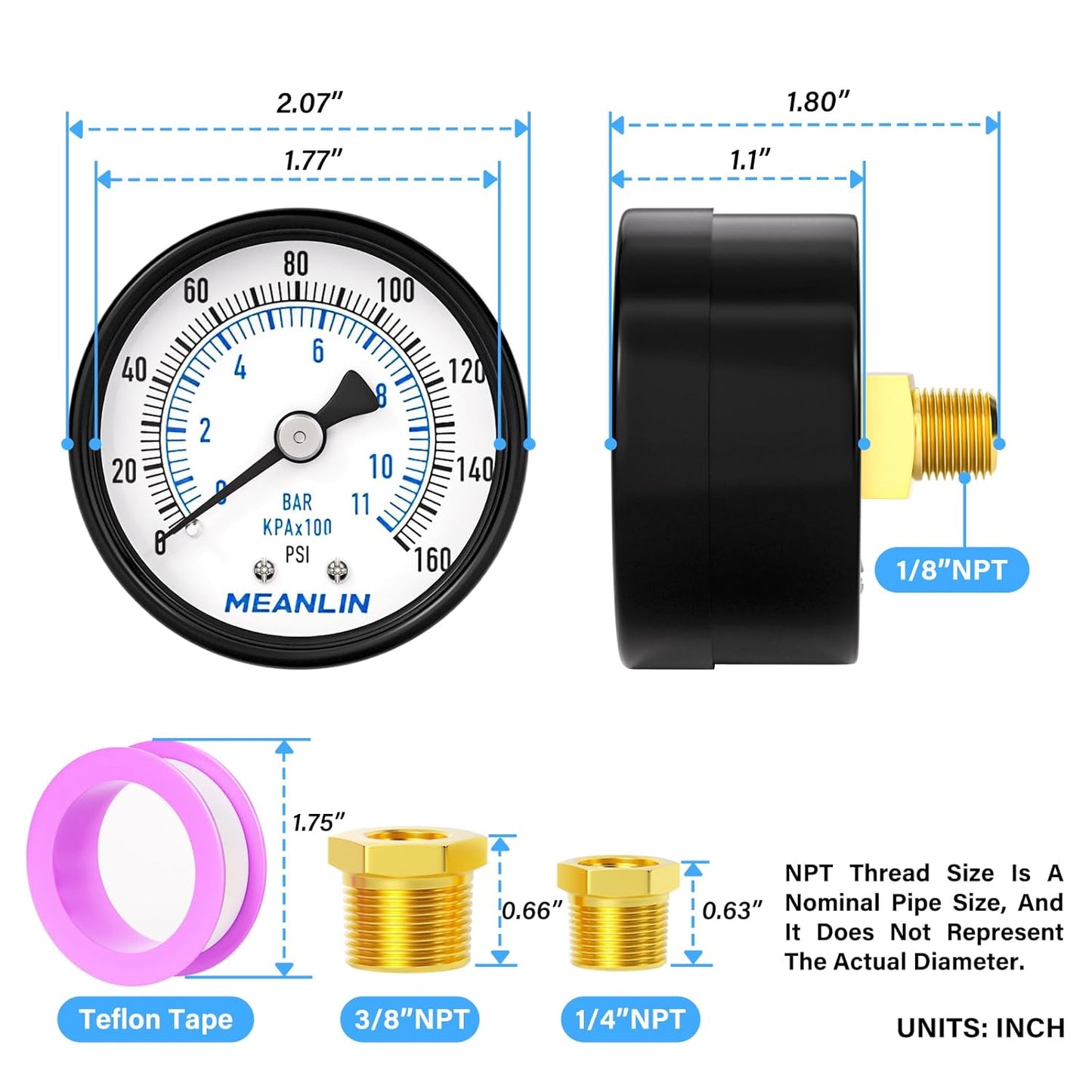 MEANLIN MEASURE 0-160Psi 2" DIAL FACE 1/8" NPT Well Pump Pressure Gauge, with 1/4" NPT and 3/8" NPT Hex Bushing, 3-2-3% Accuracy, Center Back Mount