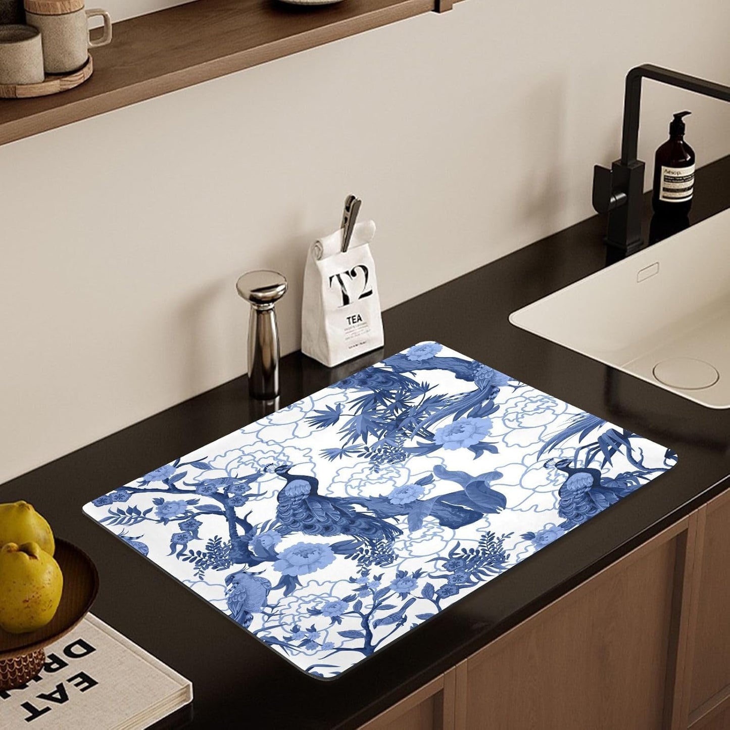 Blue Peacocks Birds Dish Drying Mat for Kitchen Counter, 23.6"x19.7" Coffee Bar, Super Absorbent Dish Drying Pad with Non-slip Rubber Backed, Quick Drying Mat for Coffee Machine Dish Drainer Ra