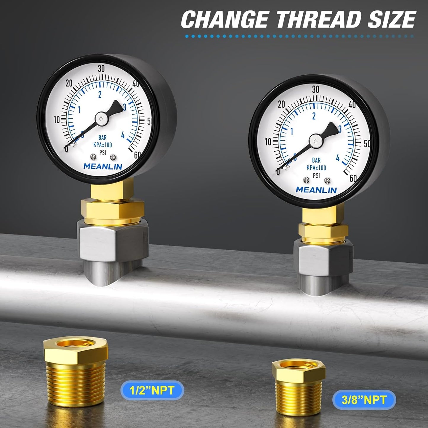 MEANLIN MEASURE 0-60Psi 2" DIAL FACE 1/4" NPT Well Pump Pressure Gauge, with 1/2" NPT and 3/8" NPT Hex Bushing, Pool Sand Filter WOG Water Oil Air Pressure Test, Lower Mount (Pack of 2)