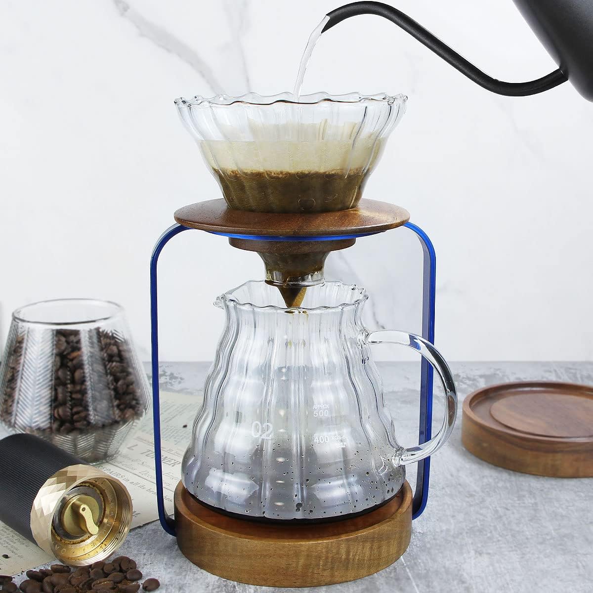 SOTECH Pour Over Coffee Dripper Stand with Metal Stand Wooden Filter Holder Glass Server with Paper Coffee Filters, Coffee Maker Stand Set for Coffee Tea and Saffron