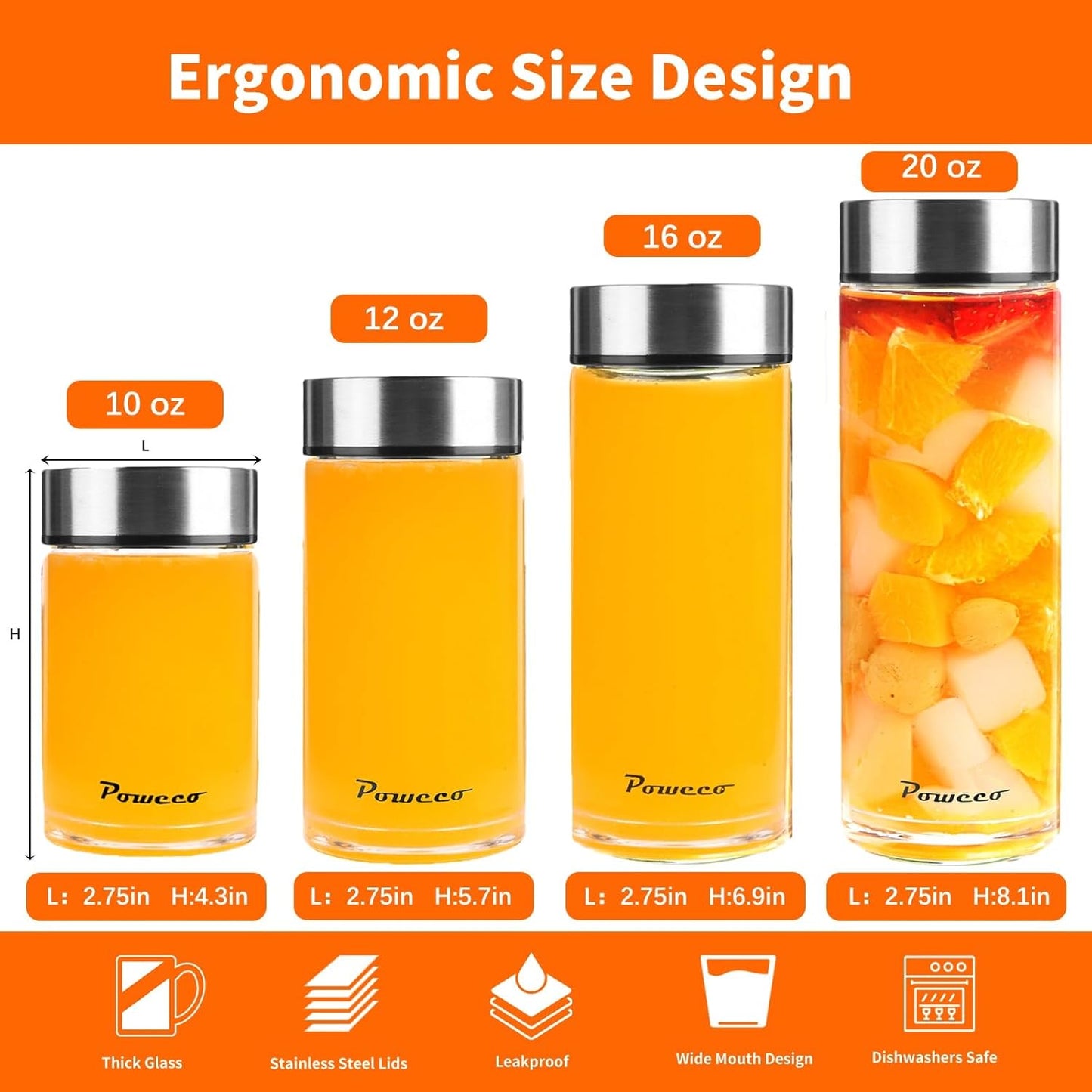 20oz Glass Juice & Water Bottles 6-Pack with Lids- Wide Mouth Reusable Borosilicate Glass- for Juicing, Smoothies, Protein Shakes, Blender & Shaker Bottle- Refillable & Dishwasher Safe(20 oz/600ml)
