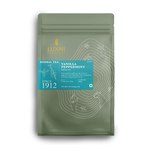 Luxmi Estates Vanilla Peppermint Organic Peppermint Tea (50 Tea Bags) Caffeine Free Tea Bags For Relaxing, Calming, and Stress Relief, With Certified Organic Herbal Tea