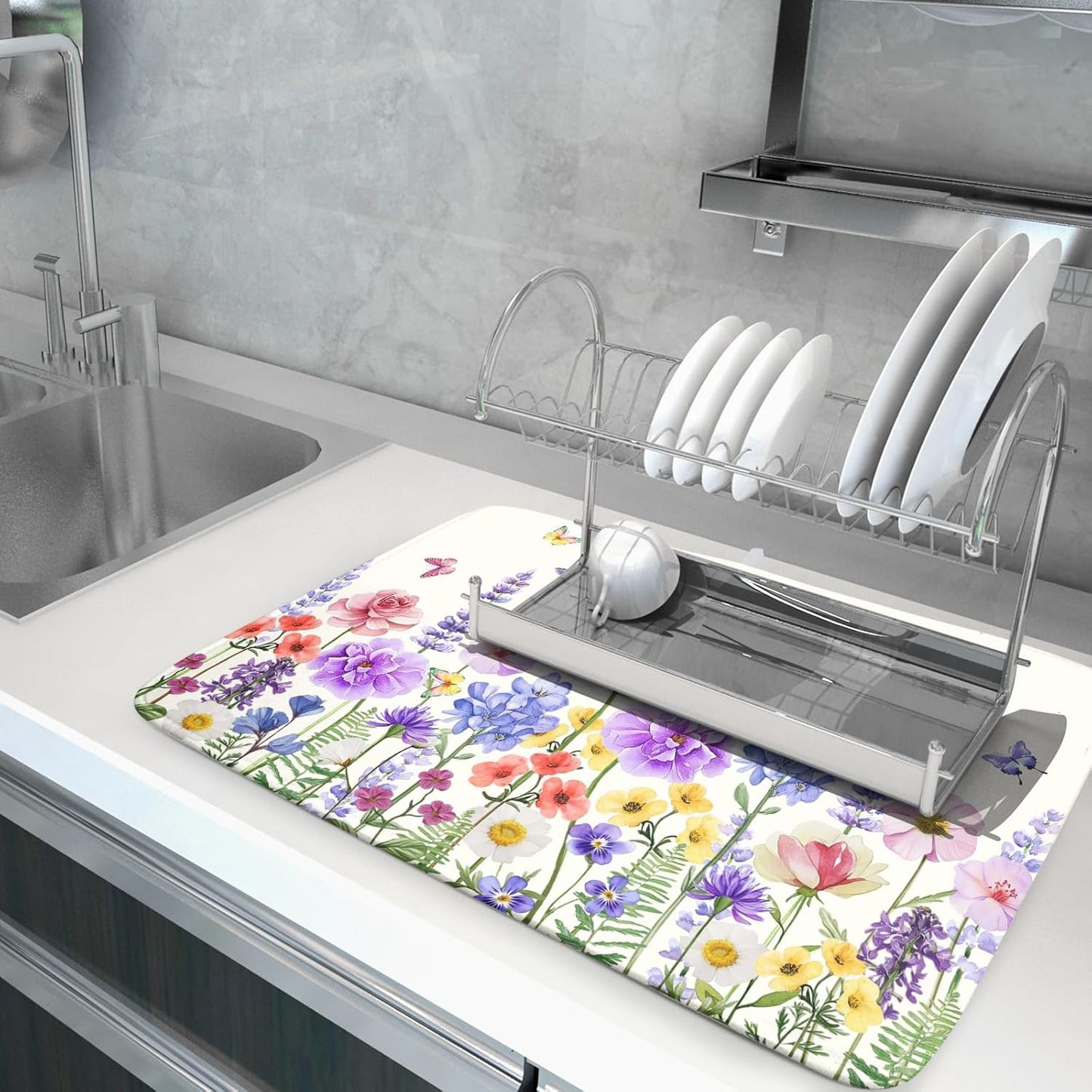 Giwawa Hummingbird Flower Dish Drying Mat 18x24 inch Watercolor Spring Herb Floral Dish Drainer Mats Wildflower Plant Reversible Microfiber Dish Drying Pad for Kitchen Countertop Large Decor