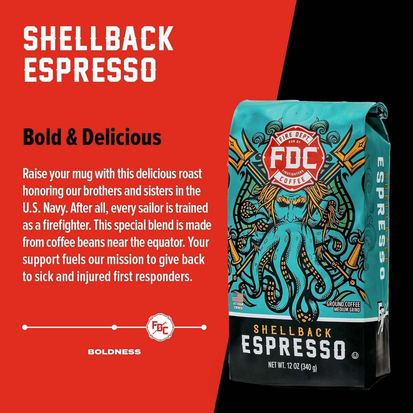 Fire Department Coffee - Gives Back to Firefighters - Shellback Espresso Ground Coffee - Bold & Smooth - Roasted in the USA - Dark Roast Espresso - Veteran Owned (12 oz, Pack of 2)
