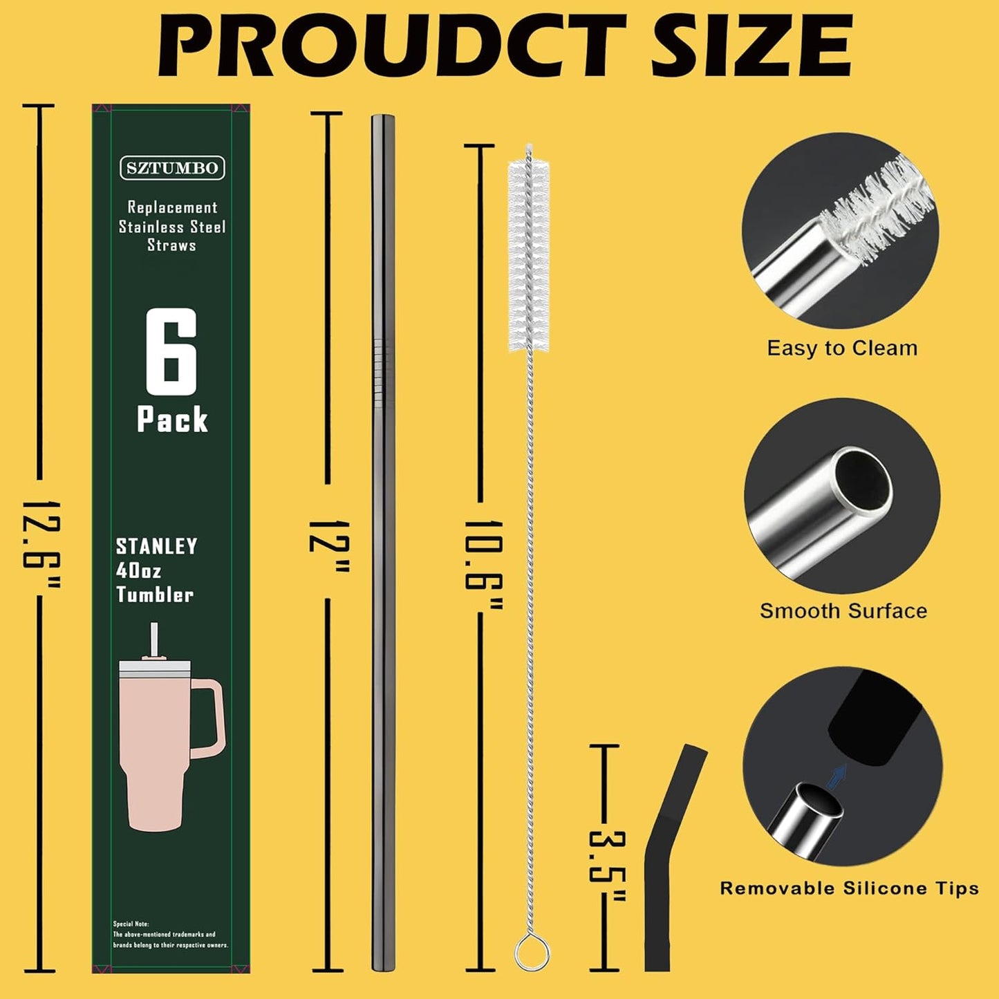 6 PCS Metal Stainless Steel Reusable Straight Straw,with 6Silicone Tips and 2Cleaning Brush,for 40oz Stanley, Hydrapeak, Owala Tumbler,Simple Modern 32 40oz Tumbler(8mm Black)