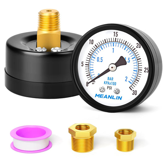 MEANLIN MEASURE 0-30Psi 2" DIAL FACE 1/4" NPT Well Pump Pressure Gauge, with 1/2" NPT and 3/8" NPT Hex Bushing, 3-2-3% Accuracy, Center Back Mount