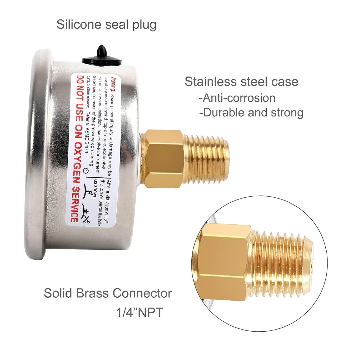 Glycerin Filled Pressure Gauge 1000psi/70bar, Stainless Steel case, Brass Inside Construction, 2-1/2" dial, 1/4" NPT Back Connection…