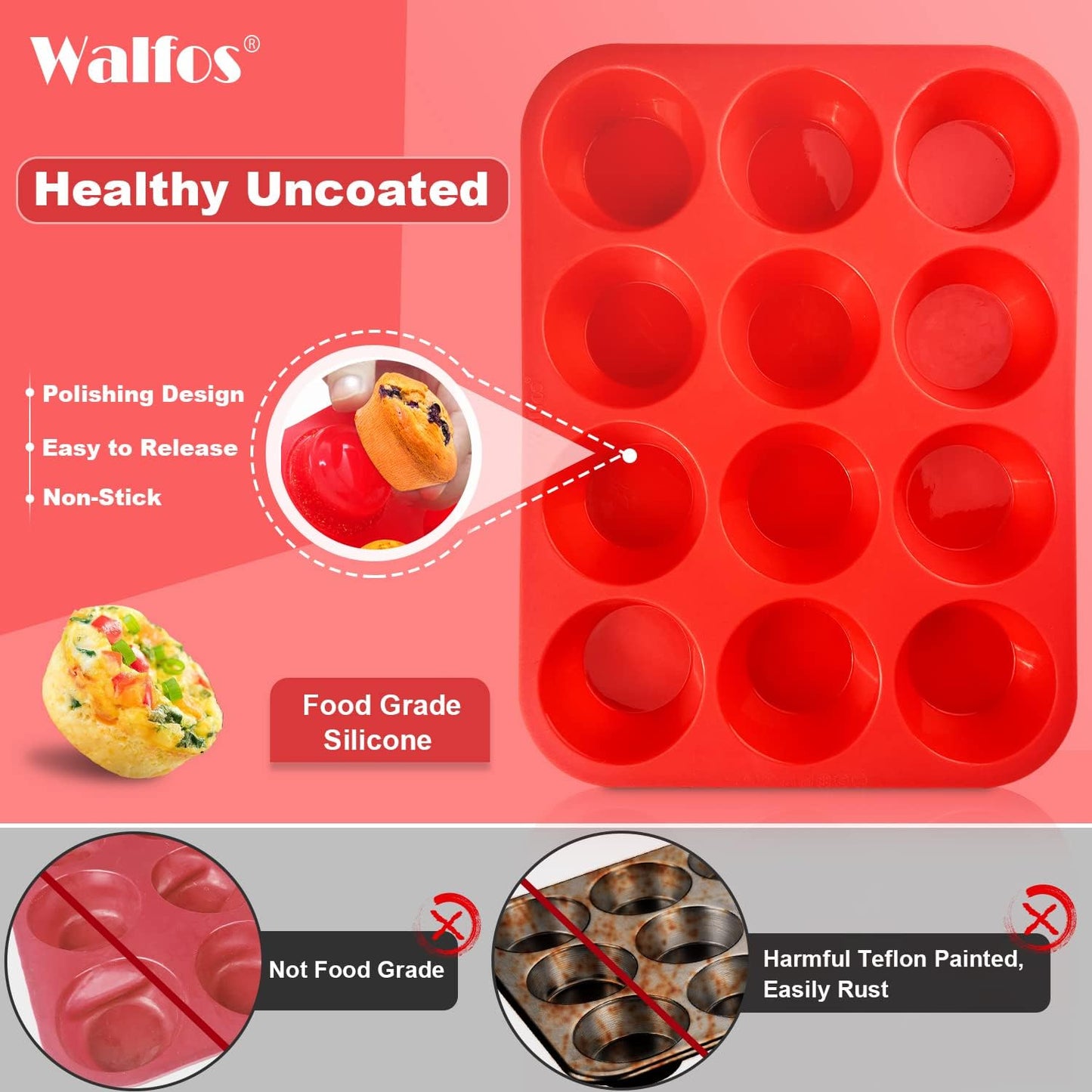 Walfos Silicone Muffin Pan Set - Regular 12 Cups Silicone Muffin Pan and Mini 24 Cups Cupcake Pan - BPA Free and Dishwasher Safe, Great for Making Muffin Cakes, Tart, Bread