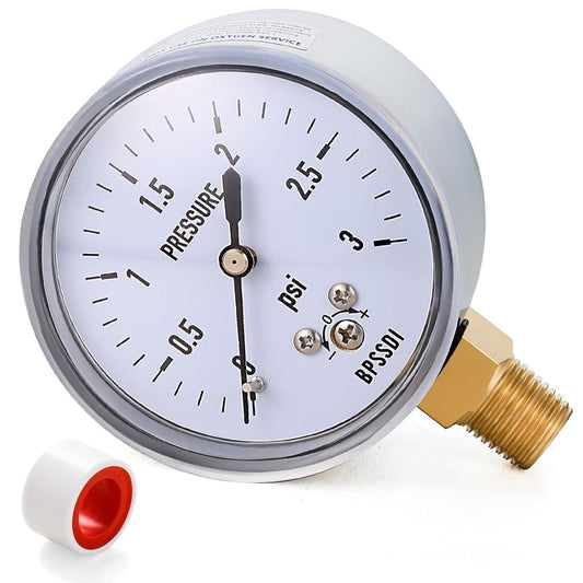 0-3 Psi Low Pressure Gauge, Capsule Gauge with 304 Stainless Steel Case, 2.5" Dial Size, 1/4" NPT Lower Mount, Zero Adjustment, for Air Water Gas Pressure Test