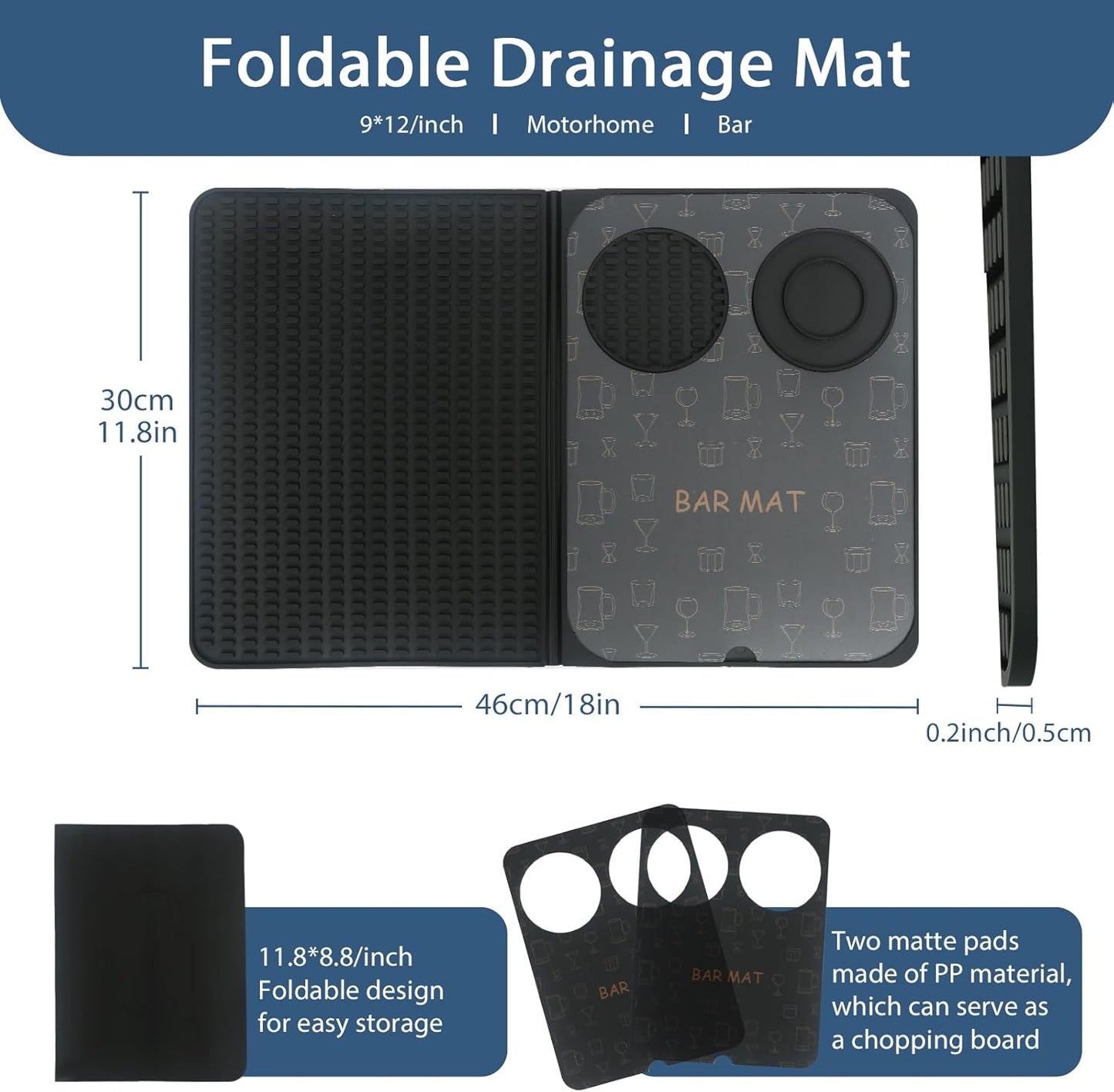 Foldable Bar Mat 18x12 inch - 3-in-1 Silicone Drying Mat with Removable Cutting Board & Rim Tray | Countertop Protector for Home, Outdoor, Travel | Professional Cocktail Accessories (Black)