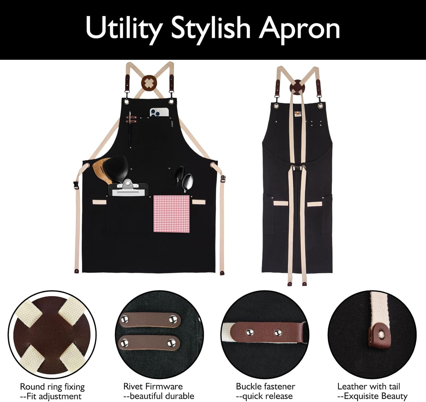 5 Pack Kitchen Apron, Work Apron, Canvas, Multiple Pockets, Gardening, Painting, BBQ, Artist, Carpenter, Sizes M to XXL, Black