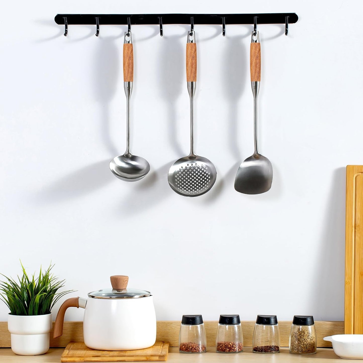 FJNATINH Wok Utensils - Wok tTools - Spatula and Ladle, Skimmer Spoon Set Metal 304 Stainless Steel Kitchen Cooking Utensils Sets, 3-Pieces Wok Tools, Wooden Handle 14-15 Inch