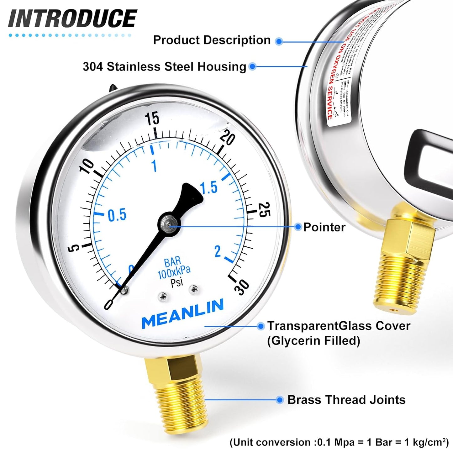 MEANLIN MEASURE 0~30Psi Stainless Steel 1/4" NPT 2.5" FACE DIAL Liquid Filled Pressure Gauge WOG Water Oil Air Lower Mount, with 1/4" x 1/2" NPT and 1/4" x 3/8" NPT Hex Bushing