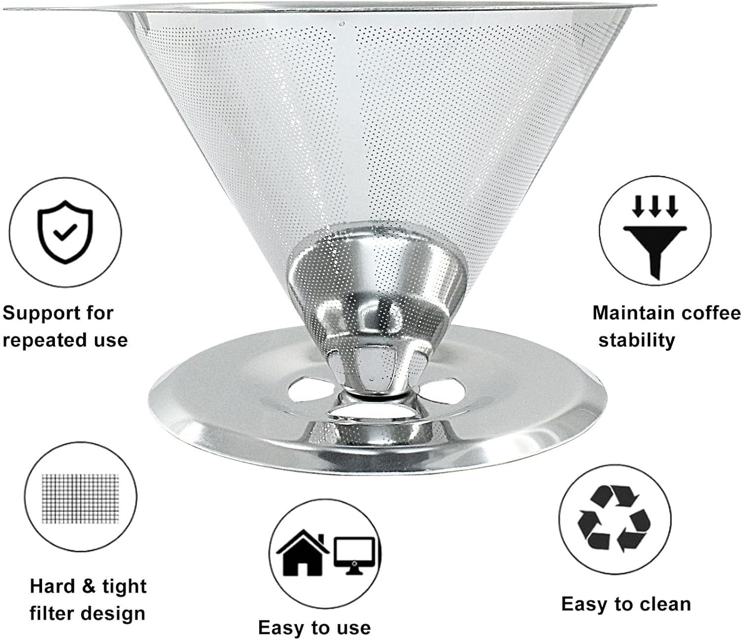 Waziaqoc Pour Over Coffee Dripper, Slow Drip Paperless Coffee Filter, Stainless Steel Pour Over Coffee Maker for 1-4 Cups Brew, Double Mesh Design of Manual Reusable Cone Filter