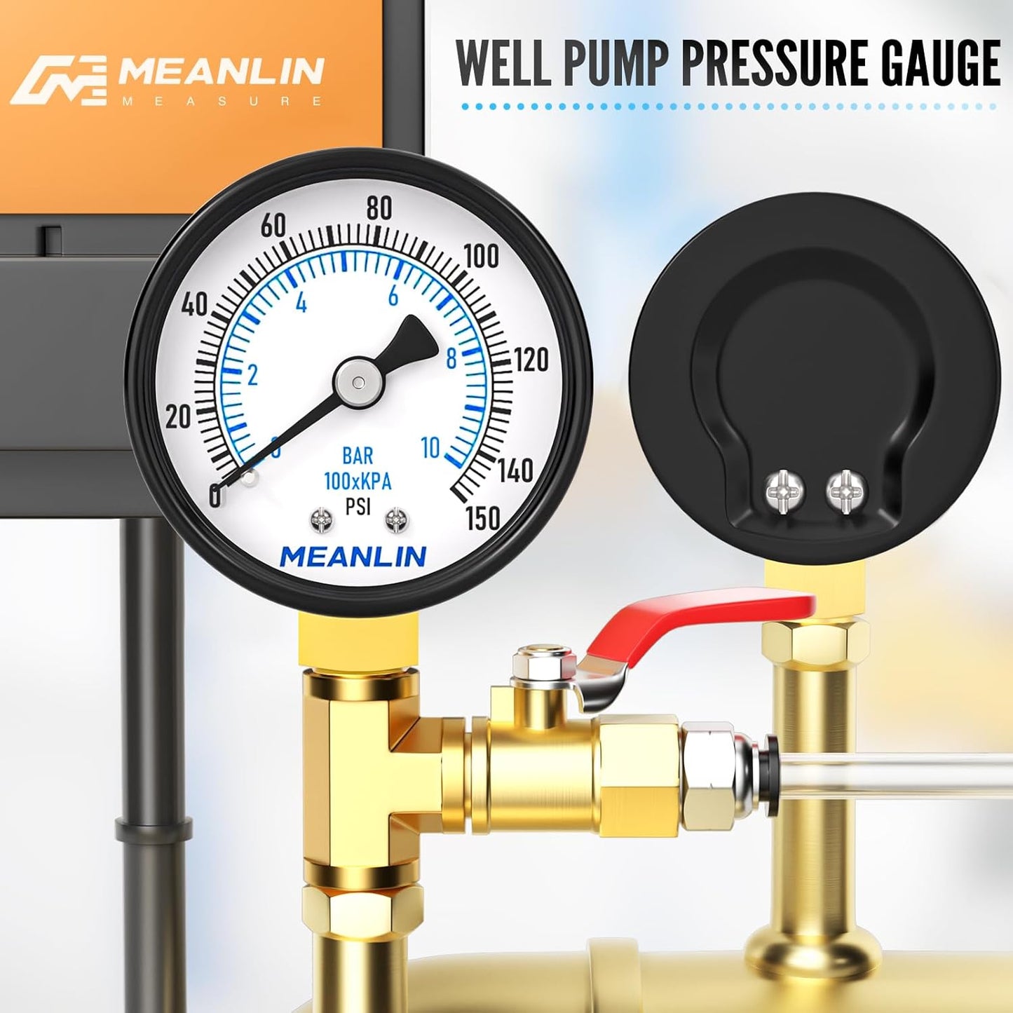 MEANLIN MEASURE 0-150Psi 2" DIAL FACE 1/8" NPT Well Pump Pressure Gauge, with 1/4" NPT and 3/8" NPT Hex Bushing, 3-2-3% Accuracy, Lower Mount