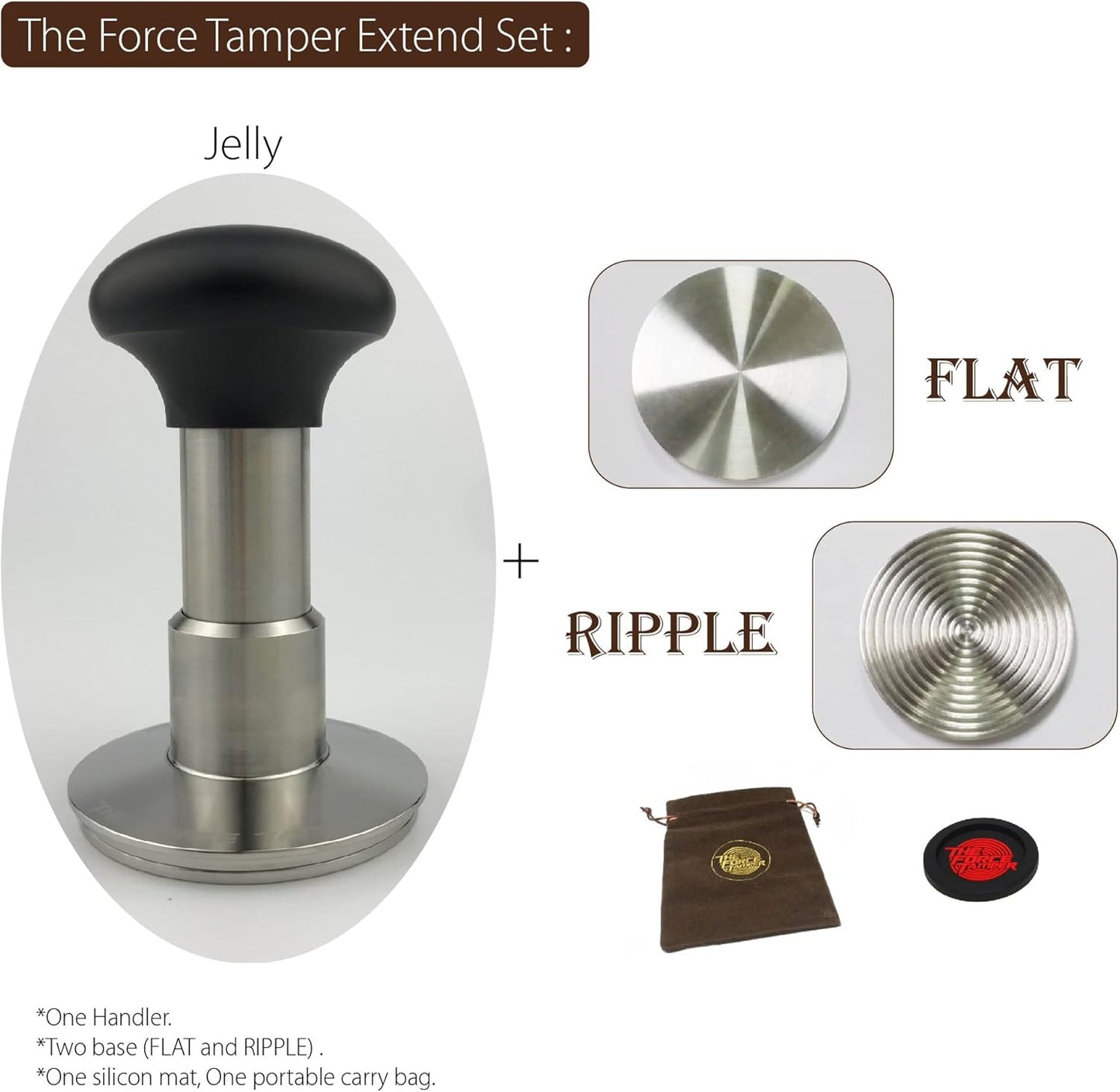 The Force Tamper Automatic Impact Coffee Tamper Adjustable Const Pressure and Autoleveling Extend Set New (Jelly, 53.00mm)