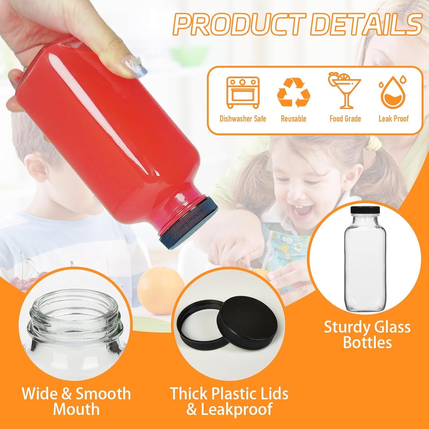 12 Pack 12oz Glass Drink Bottles with Lids, 360ml Vintage Glass Water Bottles with Caps, Reusable Juice Containers Drinking Jars for Juicing, Milk, Ginger, Kombucha, Beverages
