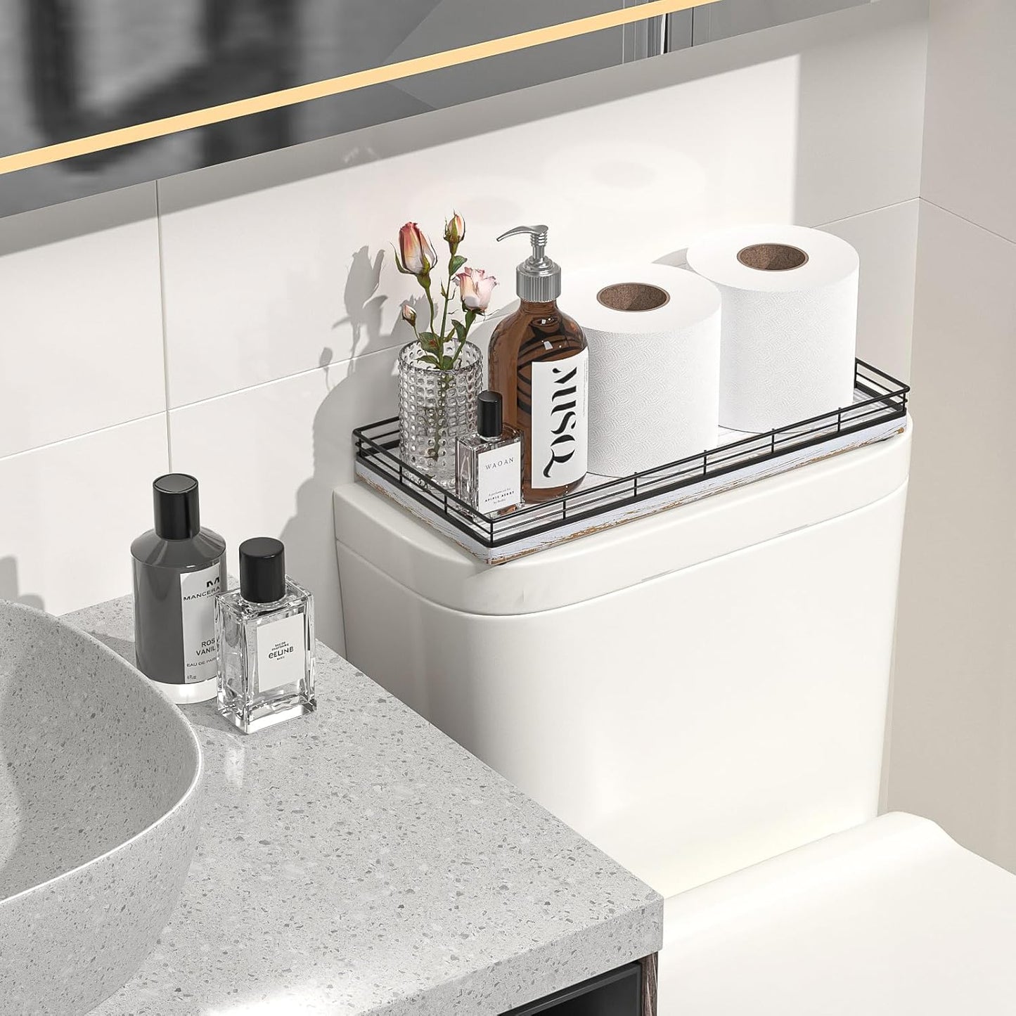 Bathroom Toilet Tank Tray, 13" Wood Toilet Paper Storage Basket Tray Back of Toilet Basket Organizer,Vanity Tray for Perfume Makeup Candle Decor, Black & Farmhouse White