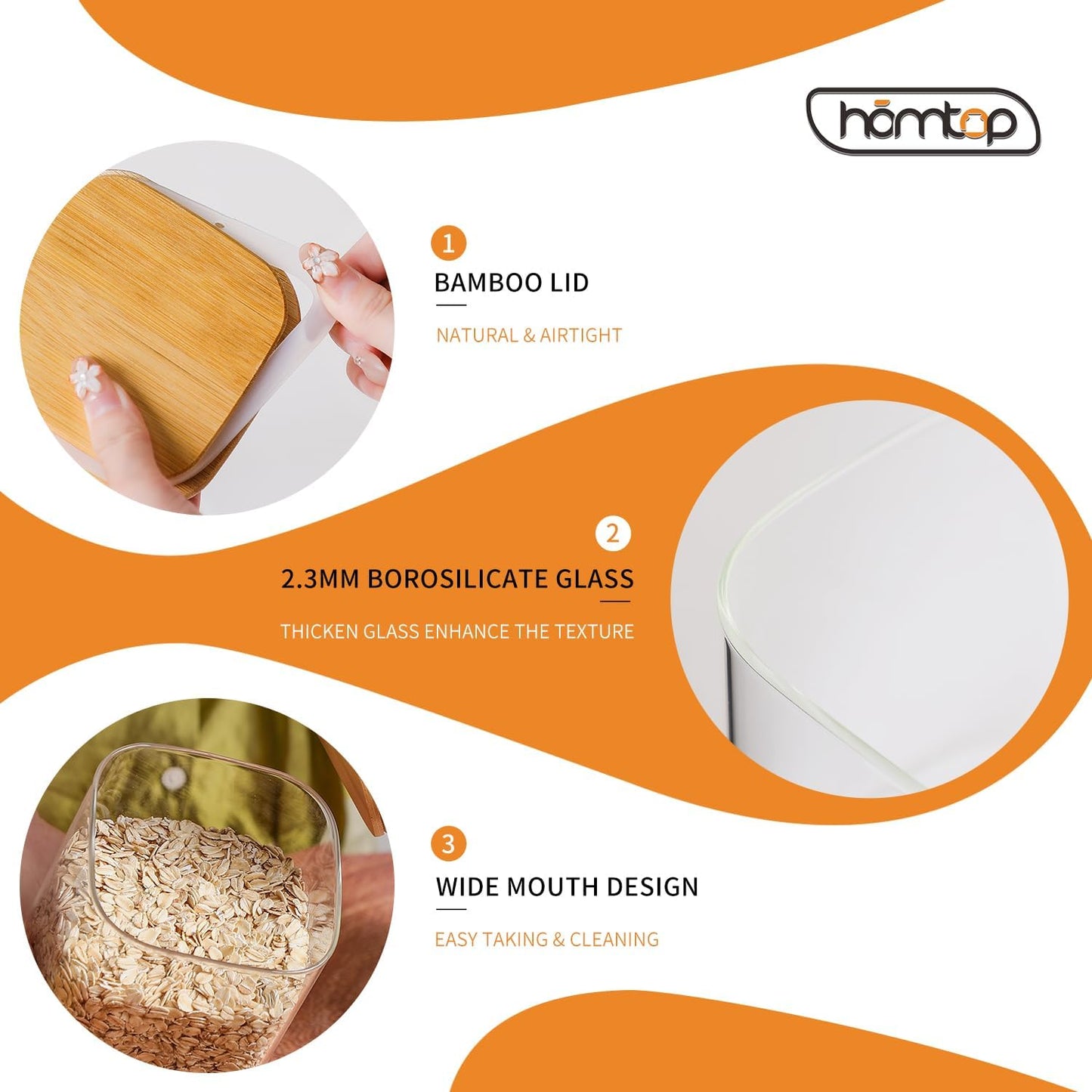 Glass Food Storage Containers with Bamboo Lids, 34 Oz High Borosilicate Glass Jars for Coffee Bean, Candy, Cookie, Flour, Square