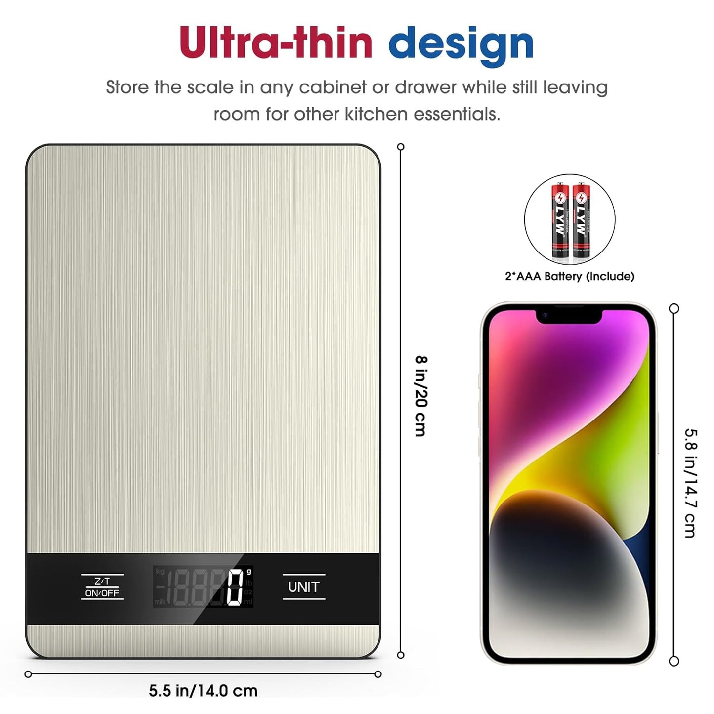 Mik-Nana Food Scale, 11lb Digital Kitchen Scale with LCD Display 6 Units Tare Function, Stainless Steel Weight Grams and Ounces for Baking, Cooking and Meal Prep (Batteries Included)