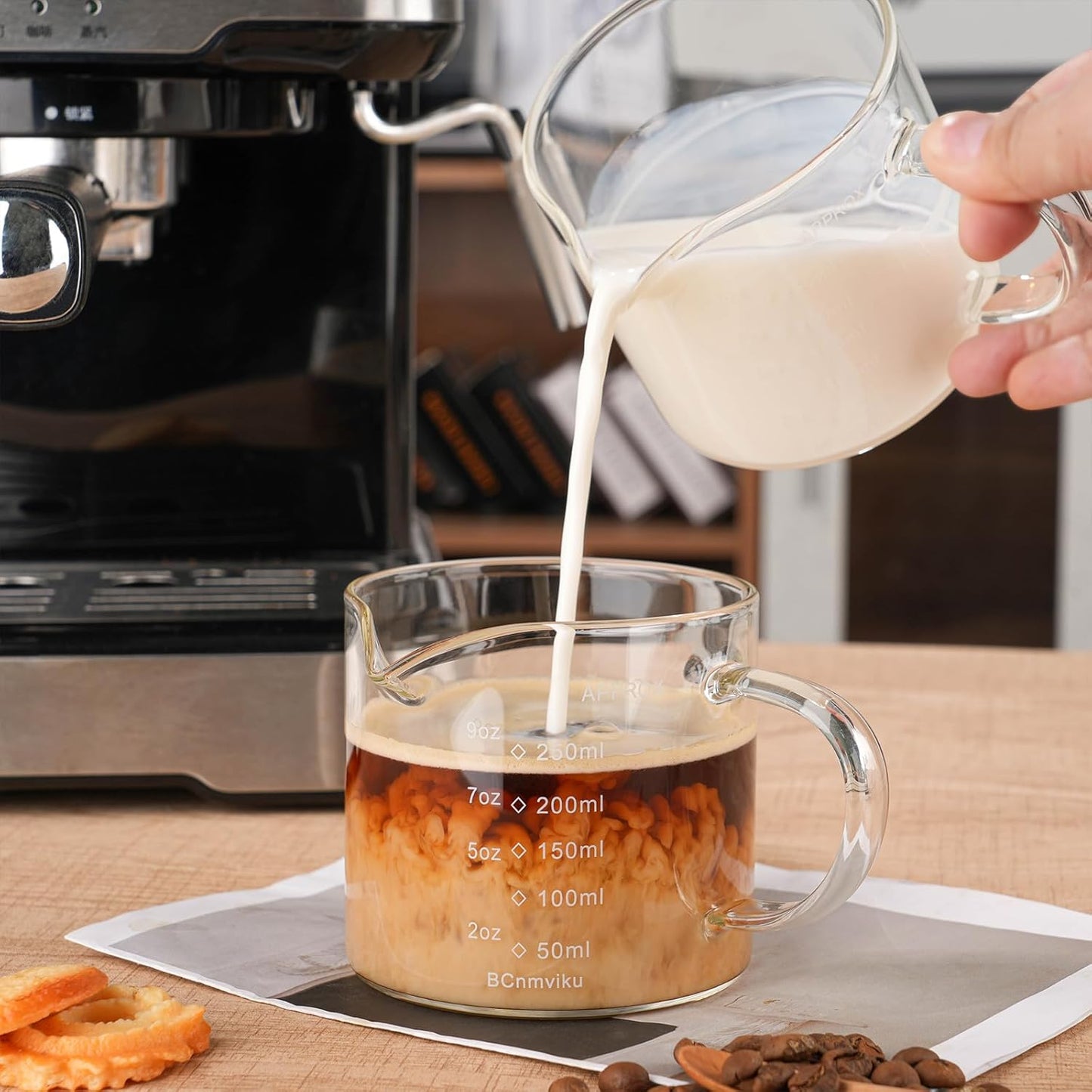 BCnmviku Espresso Cup Measuring Cup Triple Pitcher Milk Cup 250ML/8.5OZ Espresso Cups with Handle Shot Glass with V-Shaped Mouth Clear Accessories Milk Frothing Pitcher (1)