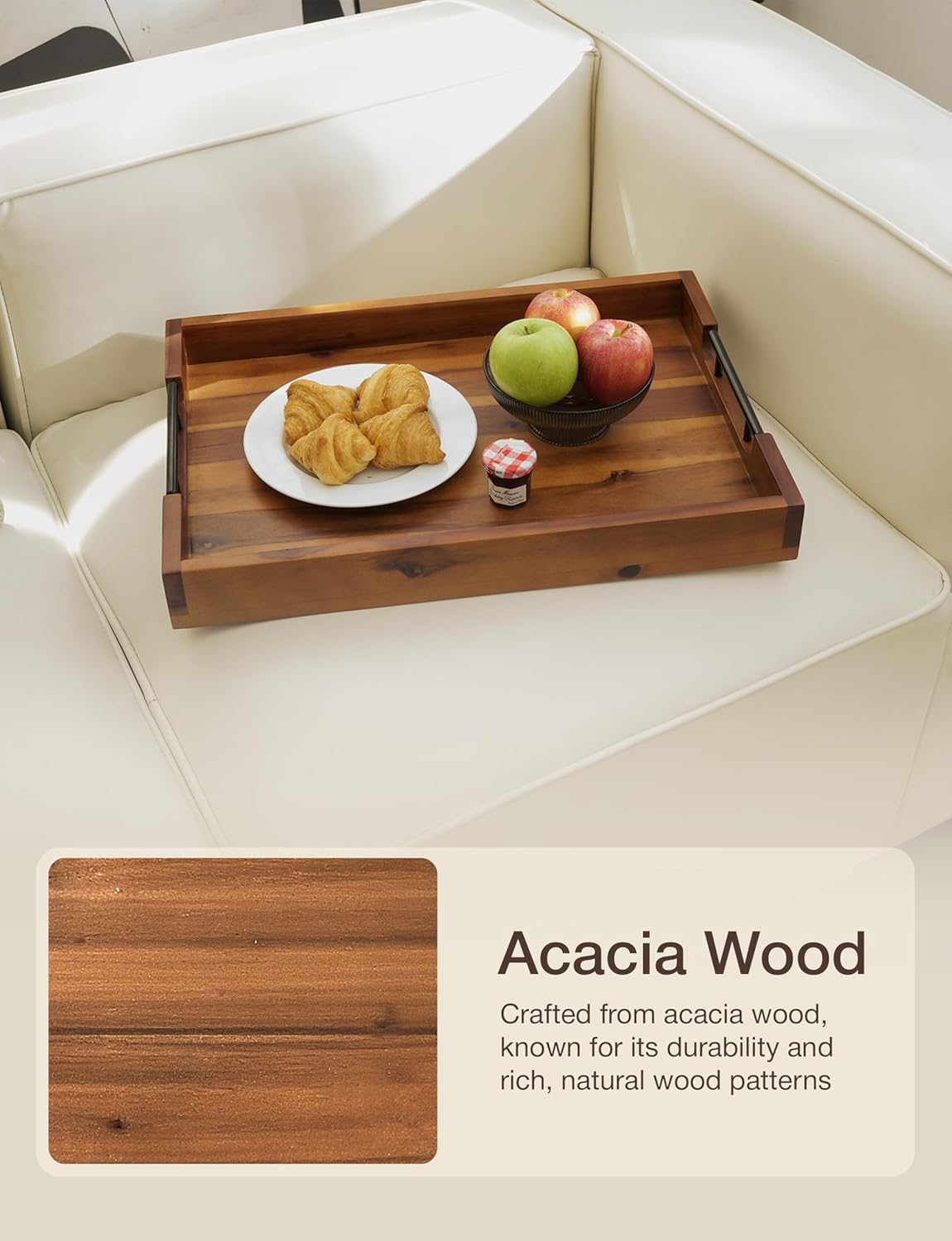 20 Inch Acacia Wood Ottoman Tray with Metal Handle - Wooden Square Serving Tray - Extra Large Food Trays for Decorative, Coffee Table, Breakfast in Bed - Charcuterie Trays Use for Kitchen