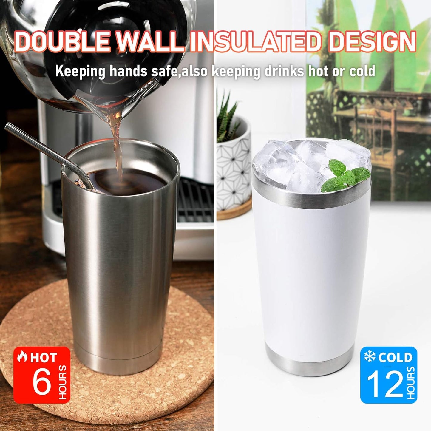 COMOOO 20oz Double Wall Vacuum Insulated Travel Mug, Stainless Steel Tumbler with Lid and Straw Durable Powder Coated Insulated Coffee Cup for Cold & Hot Drinks (Army Green, 2 Pack