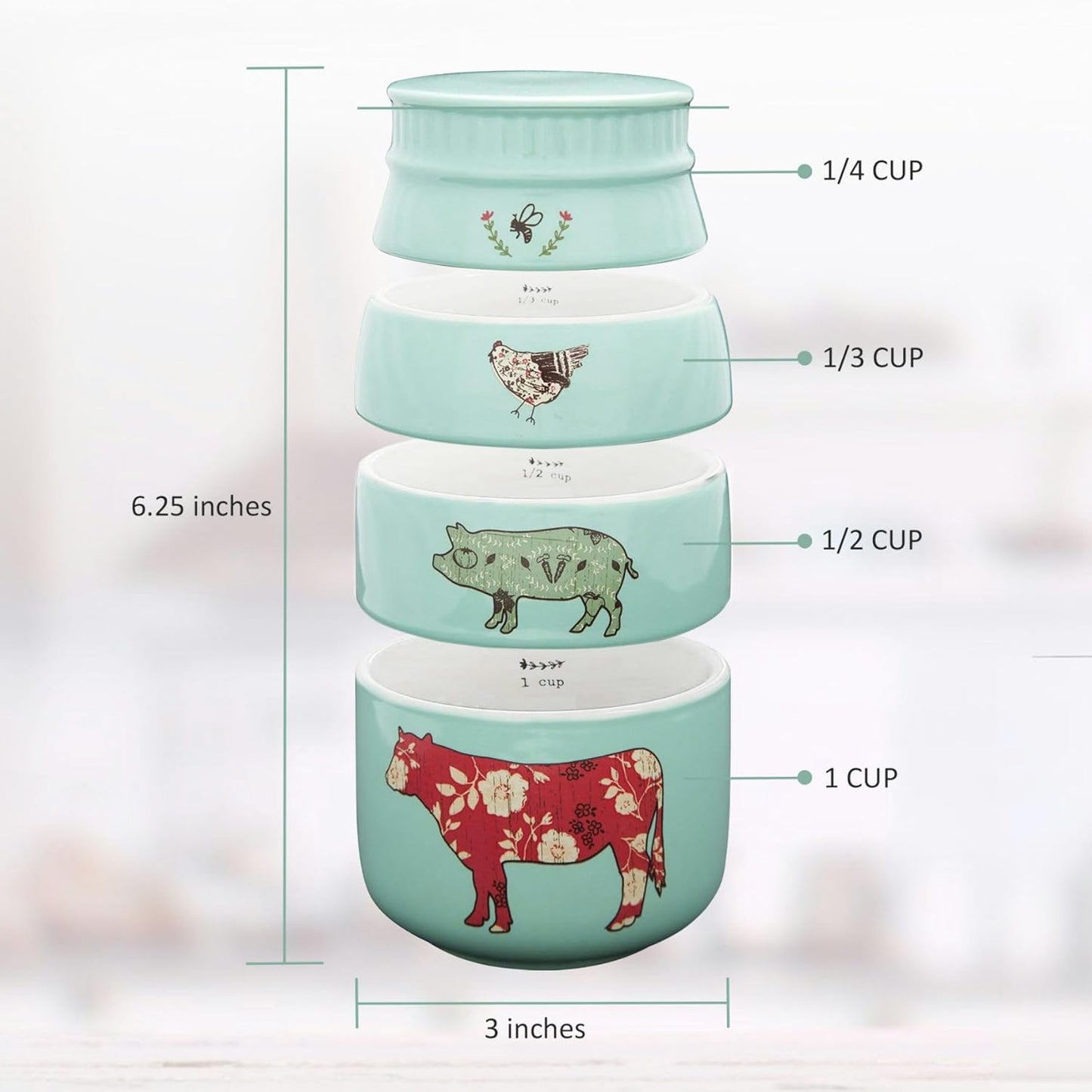 Pavilion Gift Company - 'Live Simply Bee, Chicken, Pig, and Cow' - 4-Piece Stoneware Measuring Cups Set, Sturdy Farmhouse-Style Kitchenware for Home Baking, Cooking, Gifting - Teal, 8 Ounces
