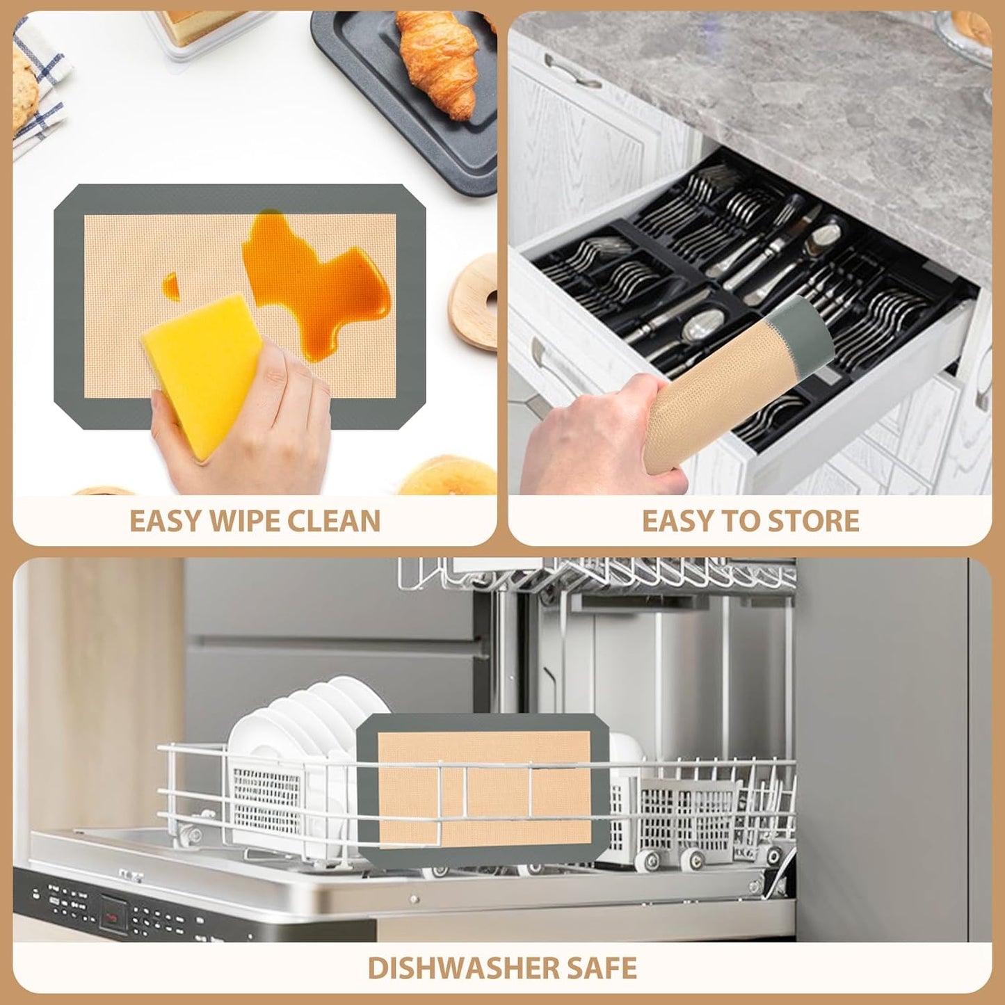 Silicone Baking Mat, Set of 3 Reusable Non-Stick Food Safe Baking Sheets for Cookies, Bread and Pastry, Baking Supplies for Oven