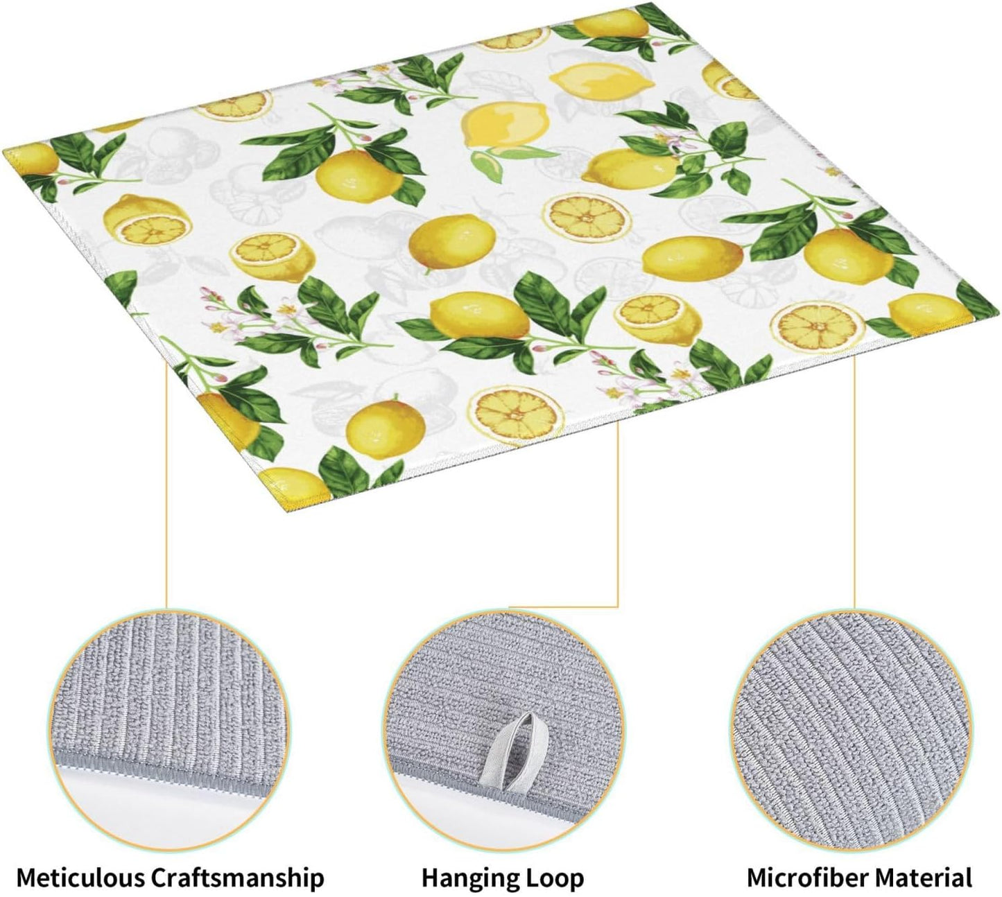 Lemon And Leaves Dish Drying Mat, Highly Absorbent Microfiber Kitchen Counter Pad Reusable Washable, 16*18"