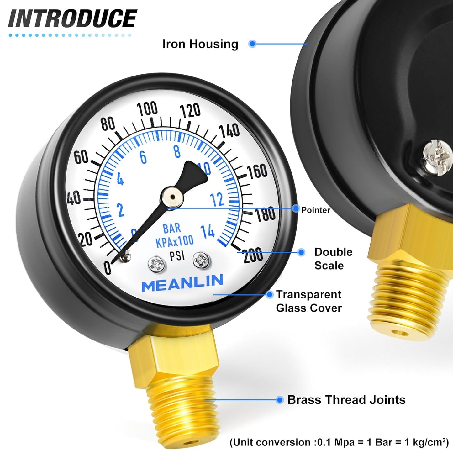 MEANLIN MEASURE 0-200Psi 2" DIAL FACE 1/4" NPT Well Pump Pressure Gauge, with 1/2" NPT and 3/8" NPT Hex Bushing, 3-2-3% Accuracy, Lower Mount