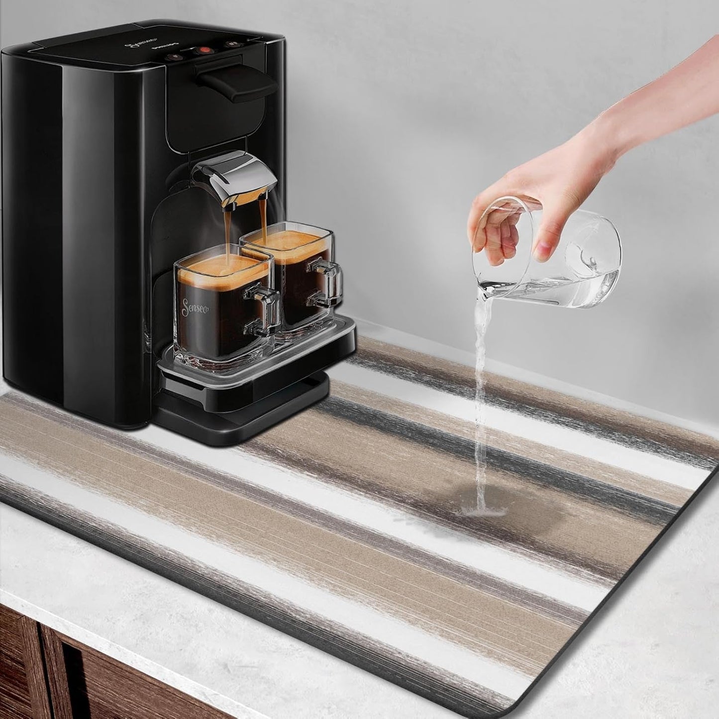 Arttown Coffee Mat for Countertops, Striped Abstract Tan Gray Retro Dish Drying Mat 2 Pcs for Kitchen Bar Accessories, Fit Under Coffee Maker Espresso Machine Dish Rack Hide Stain Rubber 12x19in