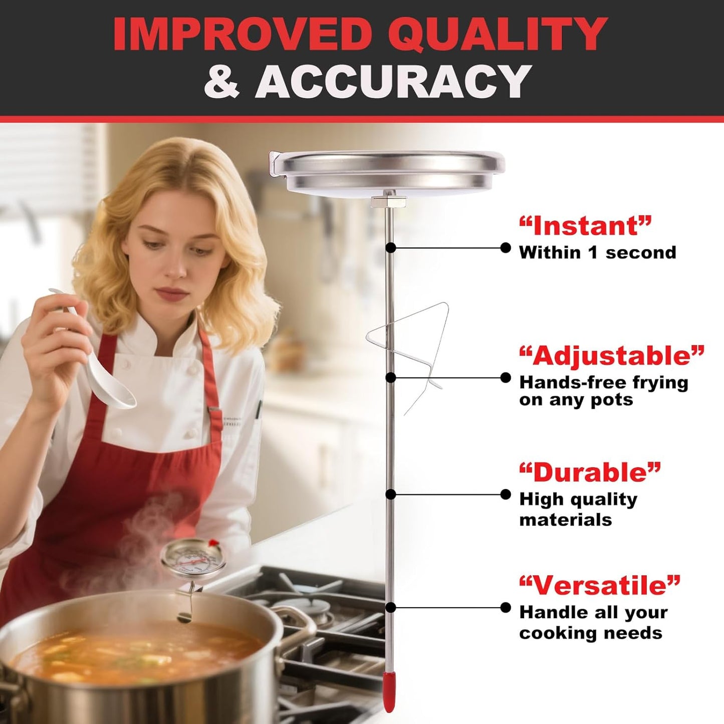 Upgraded Candy Thermometer Waterproof - Oil Thermometer for Frying with Clips - 9" Side of Pot Rainbow dial Thermometer Deep Fry for Oil Candy Candle BBQ - Silver XL