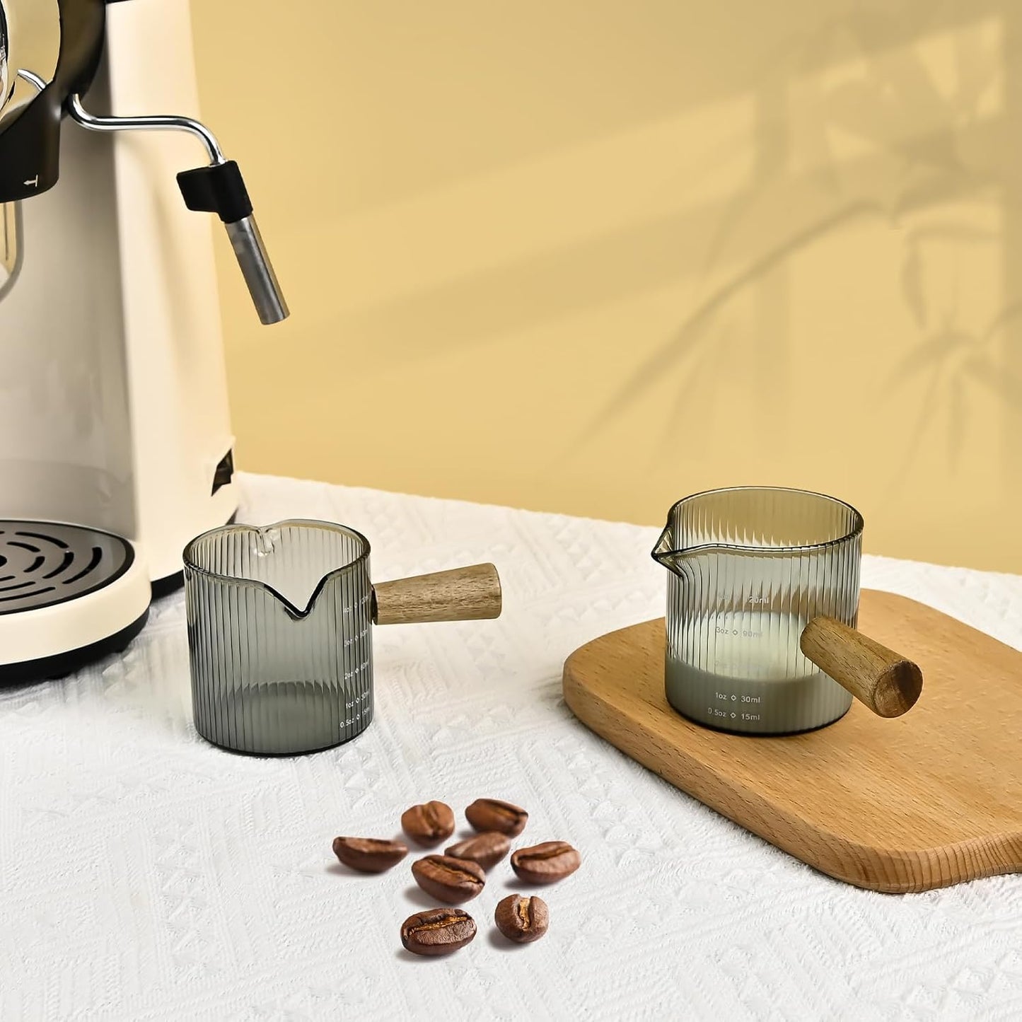 Glass Measuring Cup, 4oz Espresso Shot Glass with Wood Handle, Single Spout Measuring Triple Pitcher Milk Cup for Coffee Tea (Gray Ribbed）
