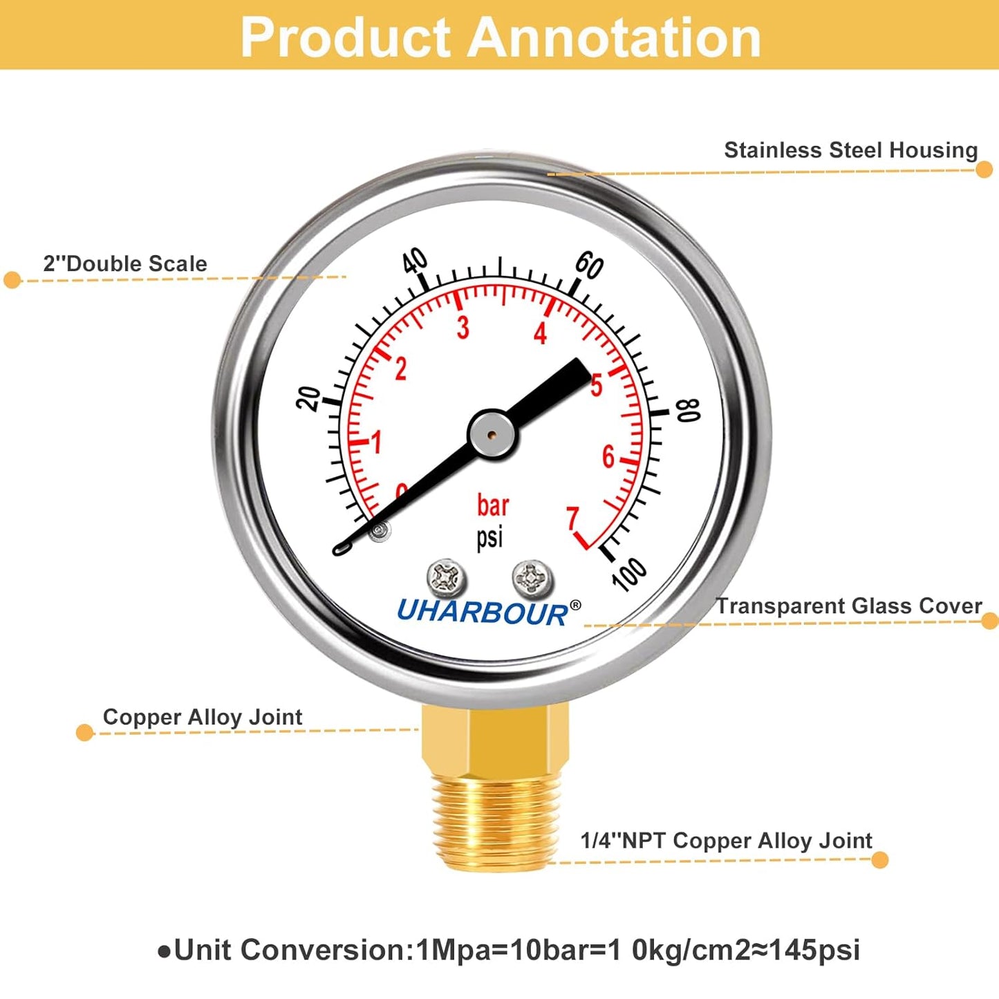 Pressure Gauge 1/4 NPT 0-100 Psi 2" Dial Stainless Steel Case, 1/4 NPT Lower Mount Pressure Gauge