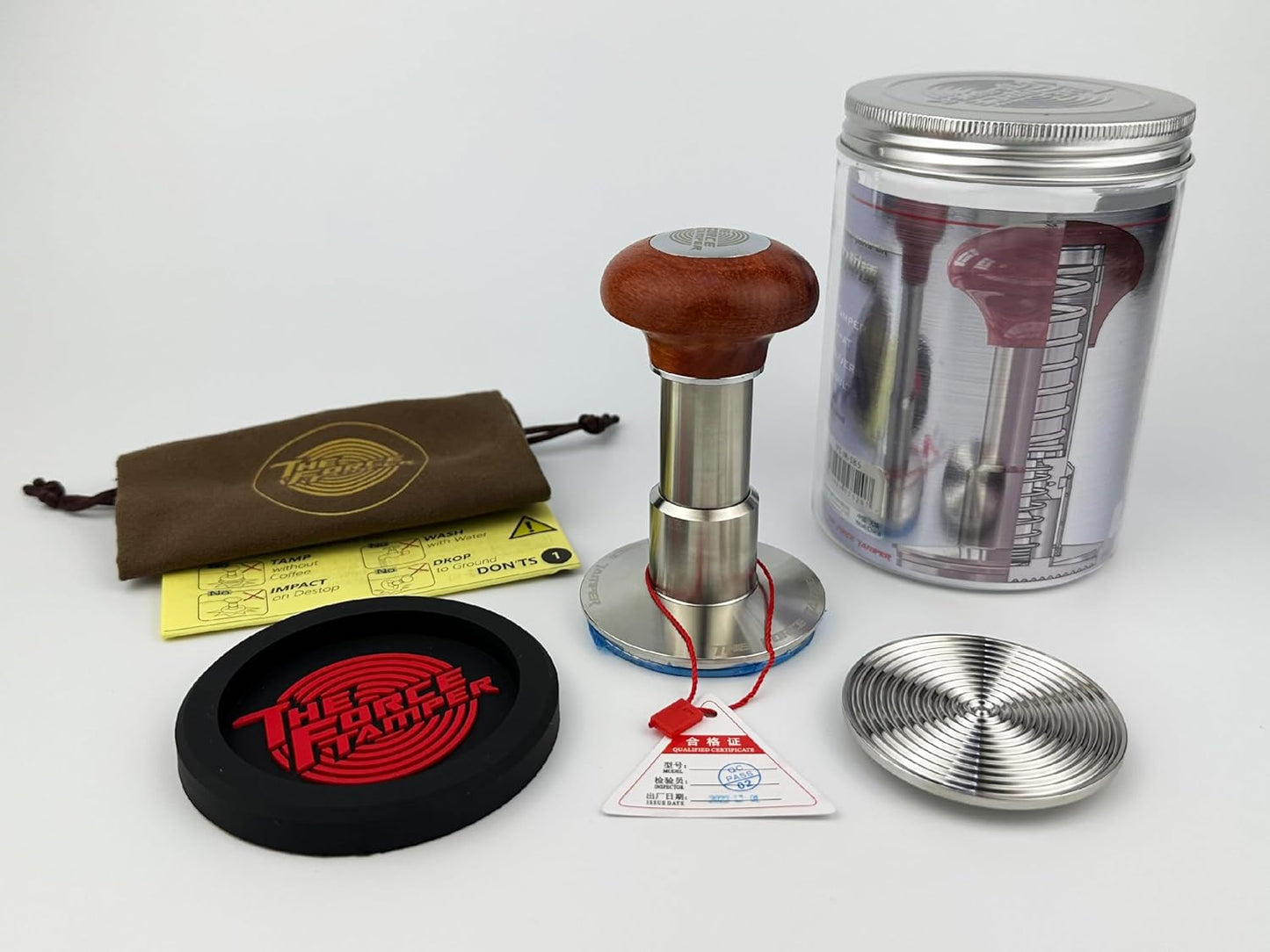 The Force Tamper Automatic Impact Adjustable Constant Pressure and Autoleveling Coffee Tamper Reddish Brown Jellyfish Wooden Handle Set Pro (Extend Set, 58.50mm)